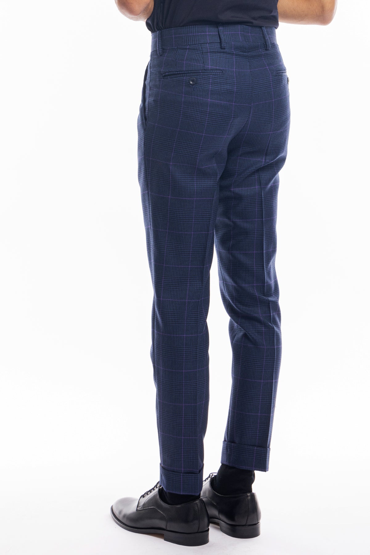 Pantalone uomo blu fantasia principe di galles in pura lana Holland & Sherry doppia pinces risvolto 5cm