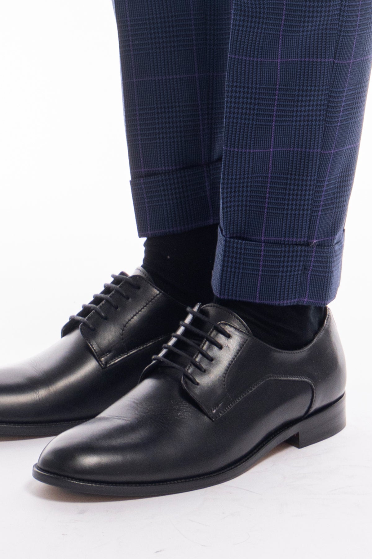 Pantalone uomo blu fantasia principe di galles in pura lana Holland & Sherry doppia pinces risvolto 5cm