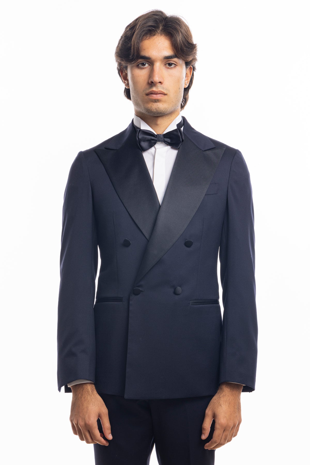 Giacca smoking doppiopetto blu notte da uomo in fresco lana super 130's Vitale Barberis Canonico con rever a Lancia largo in raso