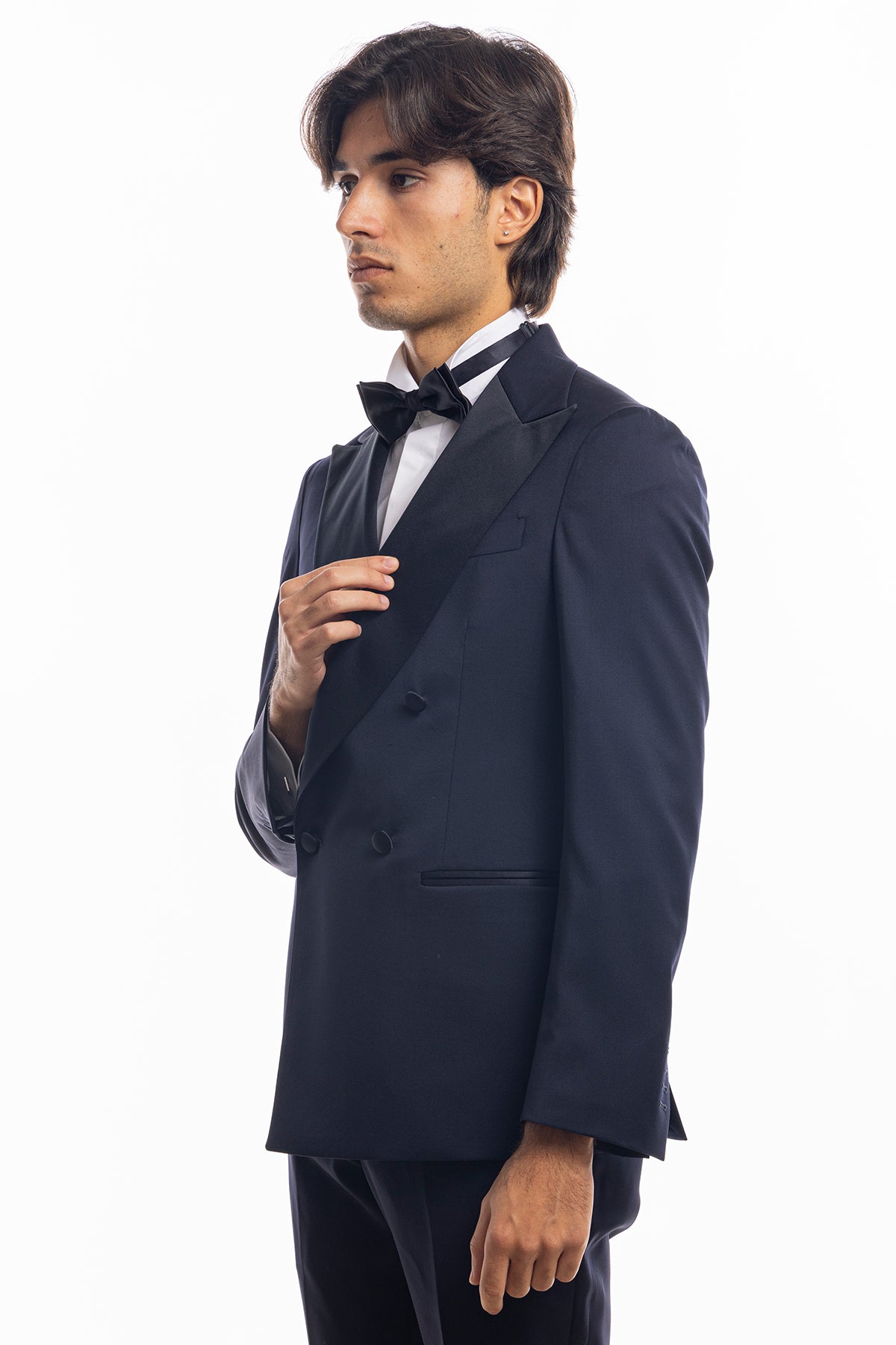 Abito modello smoking doppiopetto blu notte da uomo in fresco lana super 130's Vitale Barberis Canonico con rever a Lancia largo in raso