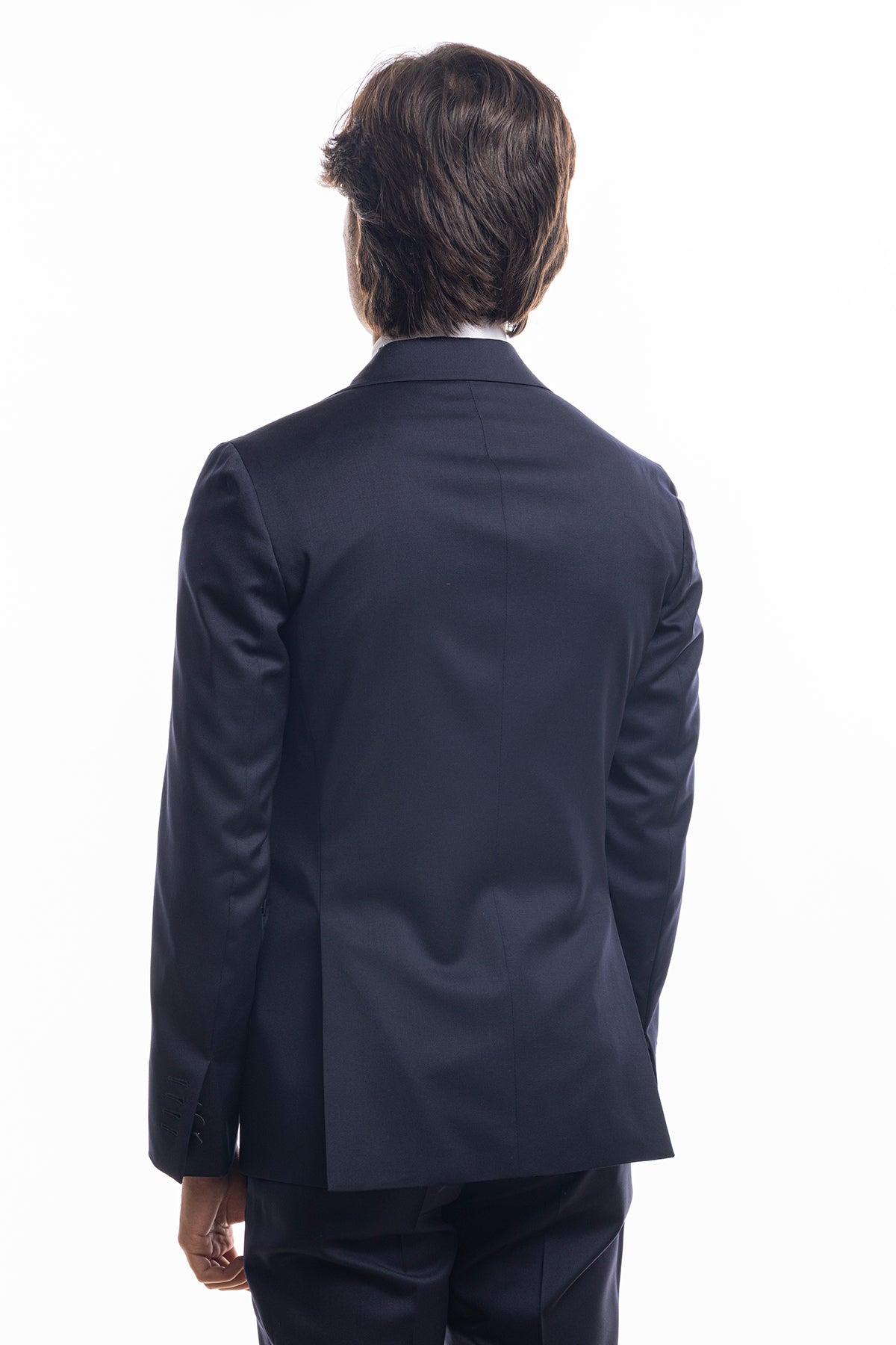 Giacca smoking doppiopetto blu notte da uomo in fresco lana super 130's Vitale Barberis Canonico con rever a Lancia largo in raso