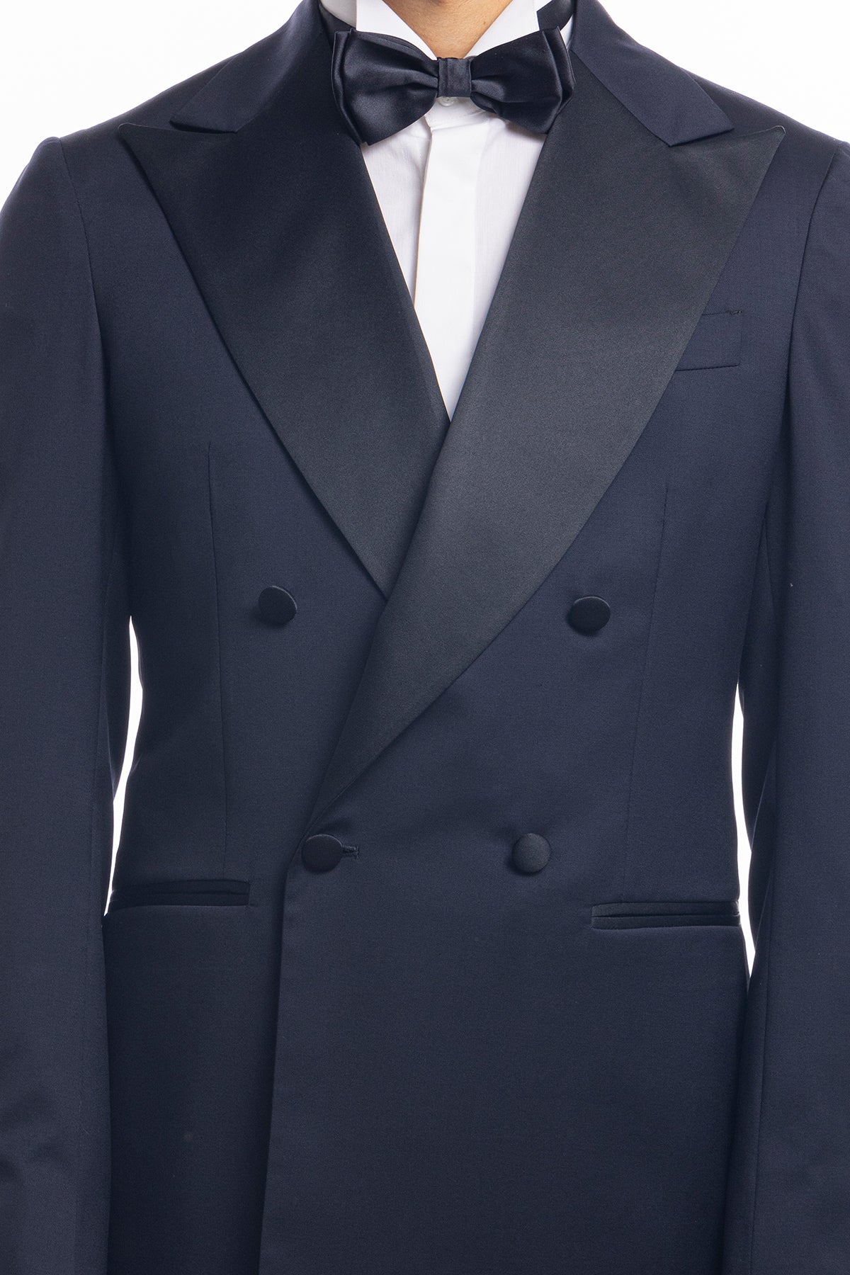 Giacca smoking doppiopetto blu notte da uomo in fresco lana super 130's Vitale Barberis Canonico con rever a Lancia largo in raso