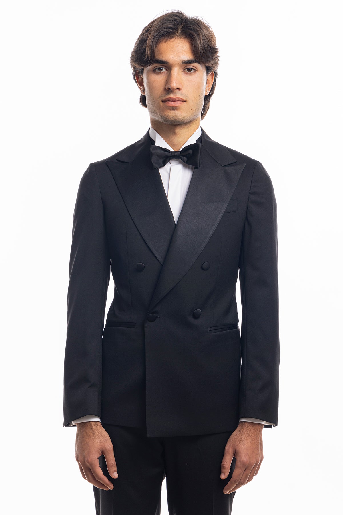Giacca smoking doppiopetto nera da uomo in fresco lana super 130's Vitale Barberis Canonico con rever a Lancia largo in raso