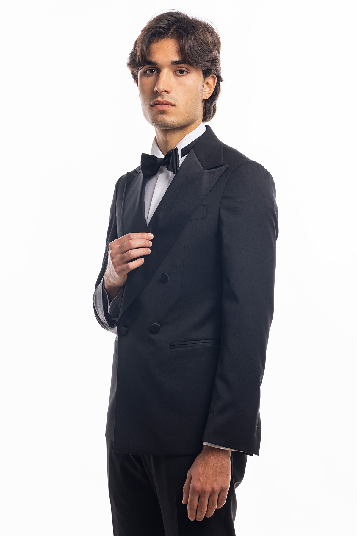 Abito smoking doppiopetto nero da uomo in fresco lana super 130's Vitale Barberis Canonico con rever a Lancia largo in raso