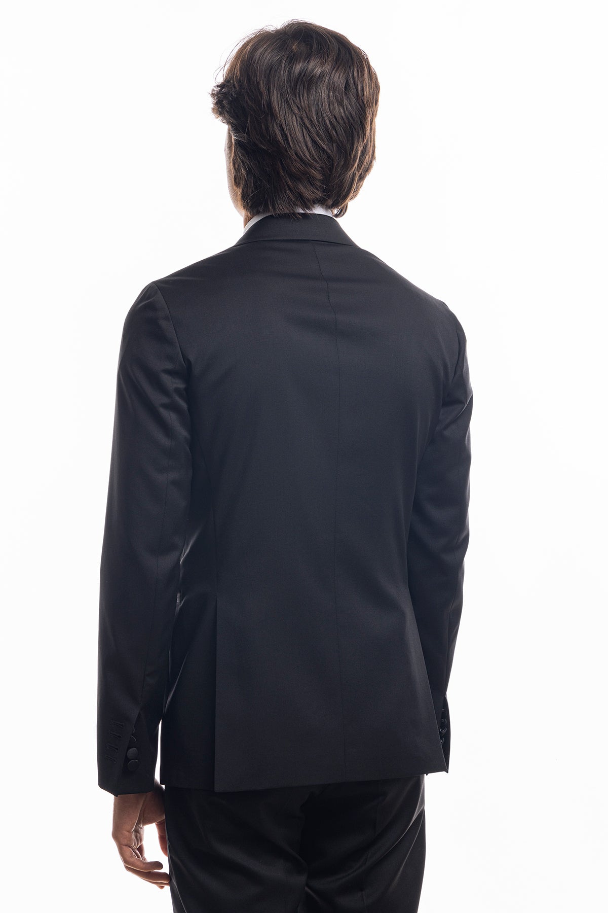 Abito smoking doppiopetto nero da uomo in fresco lana super 130's Vitale Barberis Canonico con rever a Lancia largo in raso