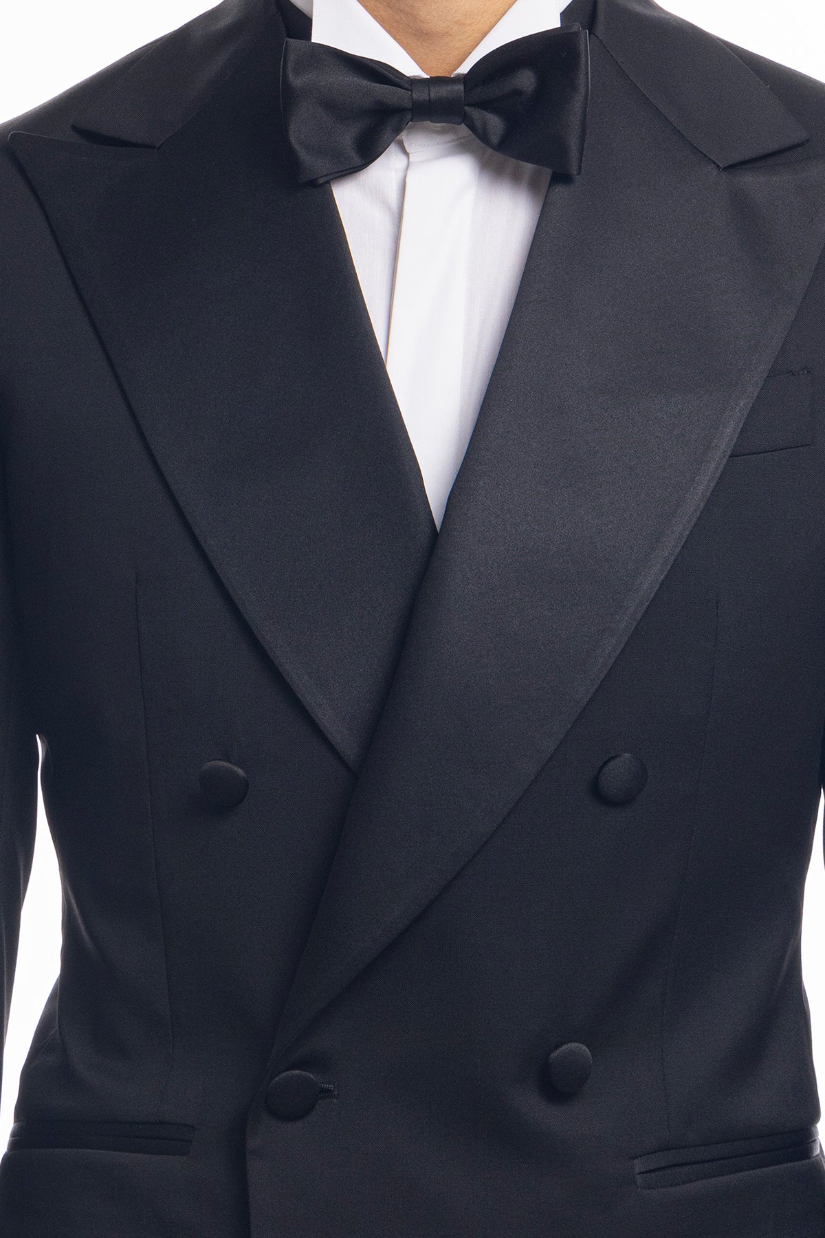 Abito smoking doppiopetto nero da uomo in fresco lana super 130's Vitale Barberis Canonico con rever a Lancia largo in raso