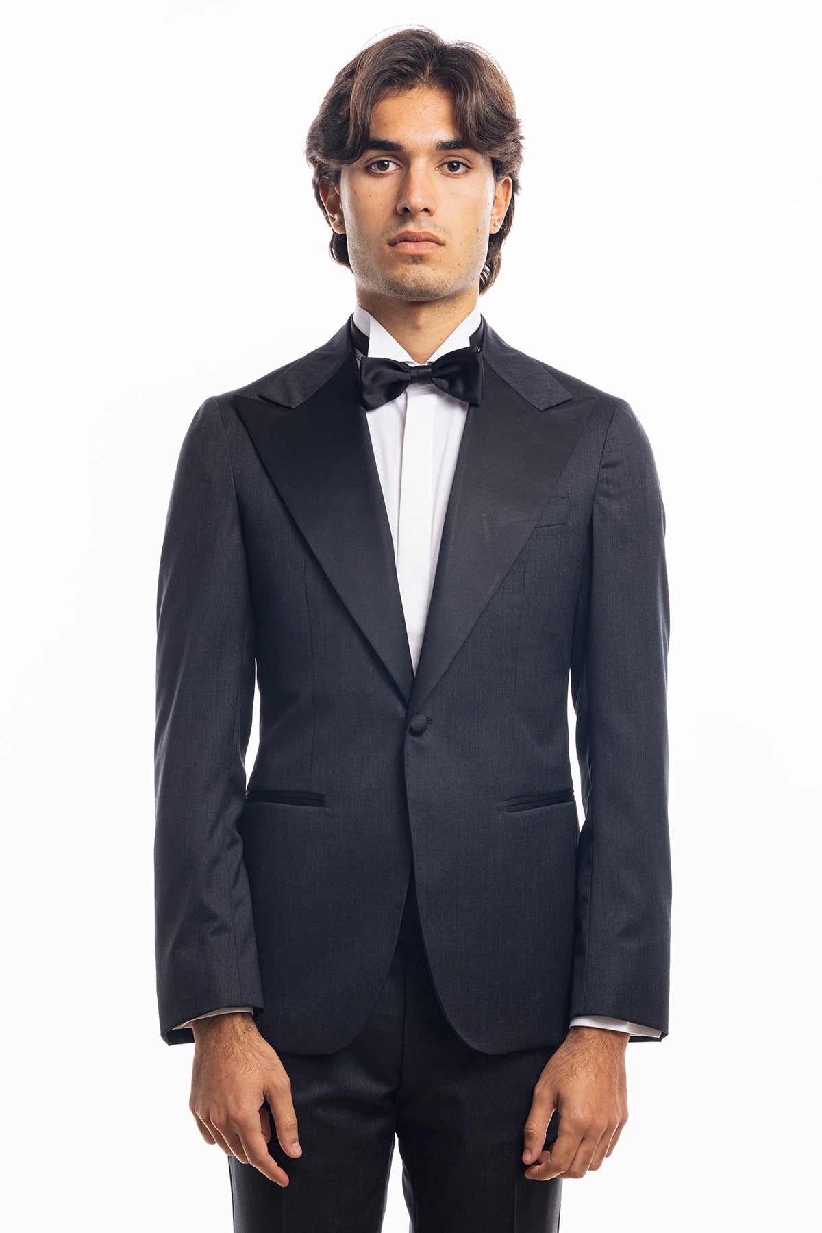 Giacca smoking monopetto grigia da uomo in fresco lana super 130's Vitale Barberis Canonico con rever a Lancia largo in raso