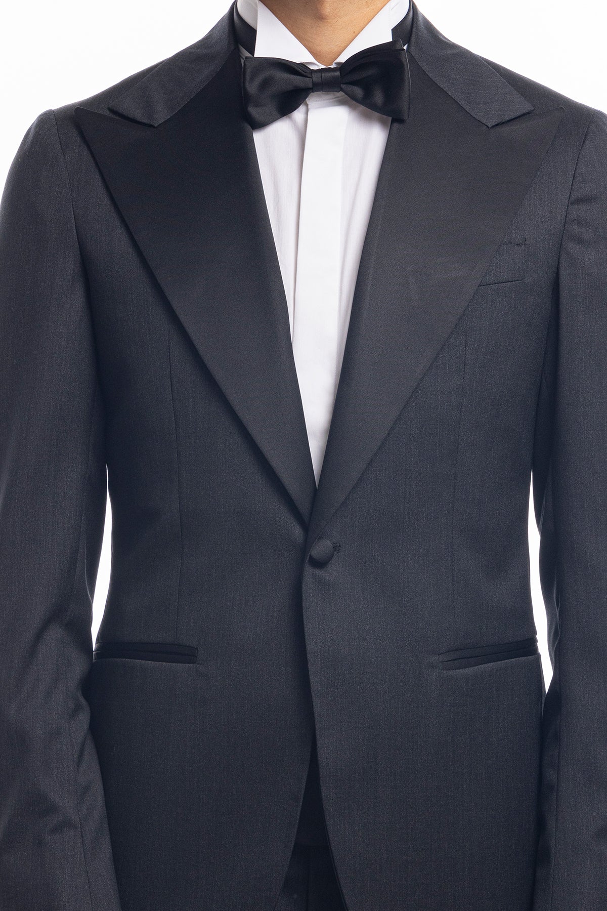 Giacca smoking monopetto grigia da uomo in fresco lana super 130's Vitale Barberis Canonico con rever a Lancia largo in raso