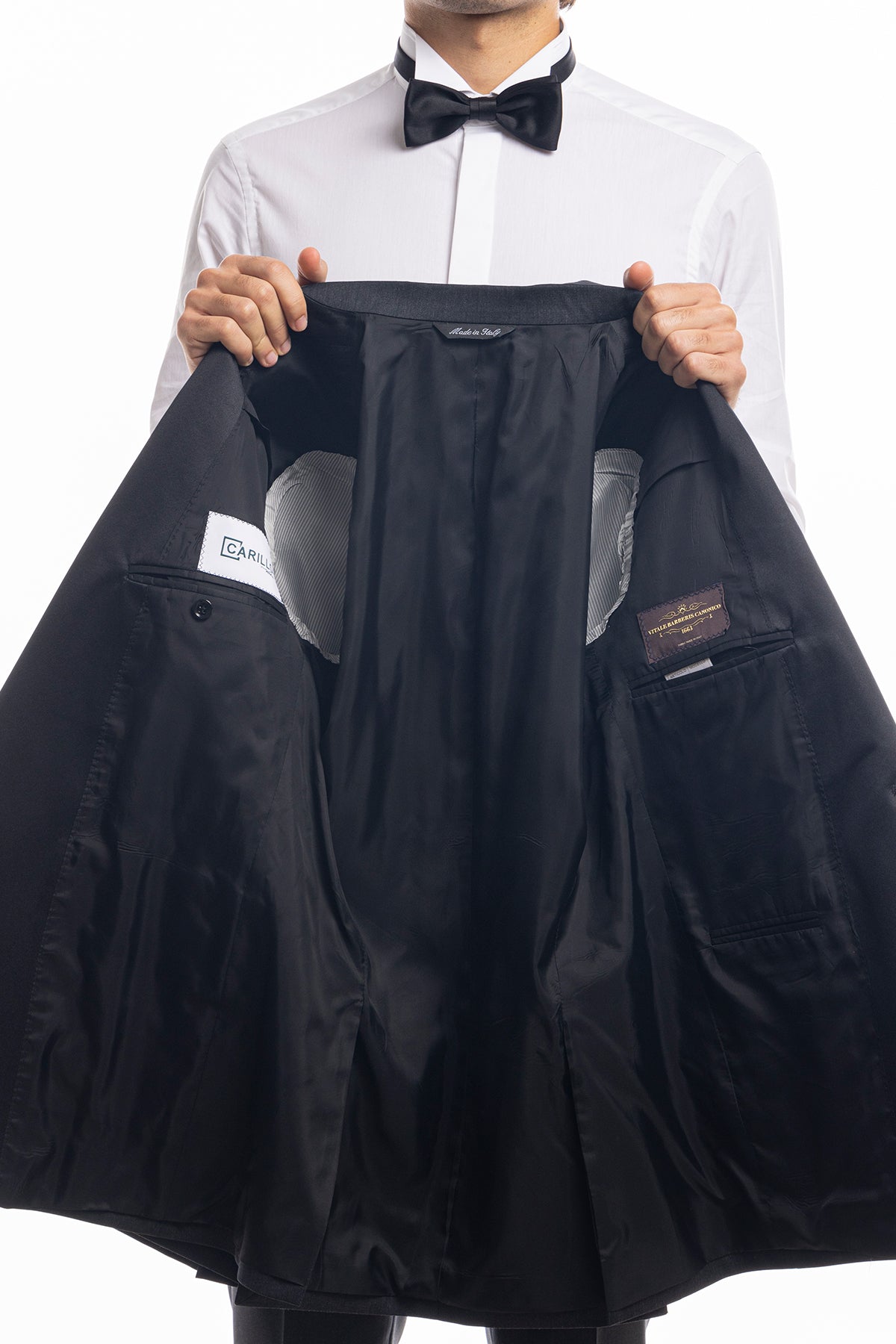 Giacca smoking monopetto grigia da uomo in fresco lana super 130's Vitale Barberis Canonico con rever a Lancia largo in raso