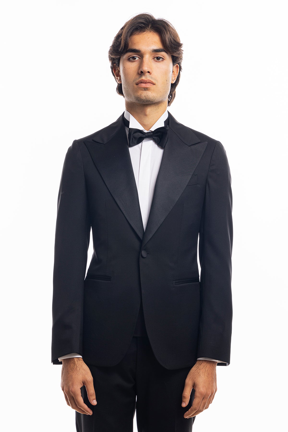 Abito smoking monopetto nera da uomo in fresco lana super 130's Vitale Barberis Canonico con rever a Lancia largo in raso