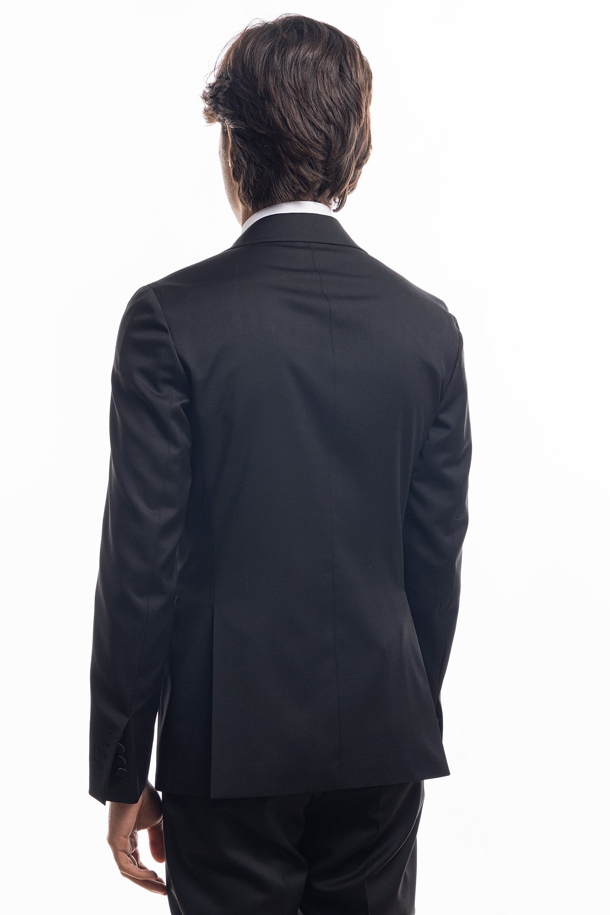 Giacca smoking monopetto nera da uomo in fresco lana super 130's Vitale Barberis Canonico con rever a Lancia largo in raso