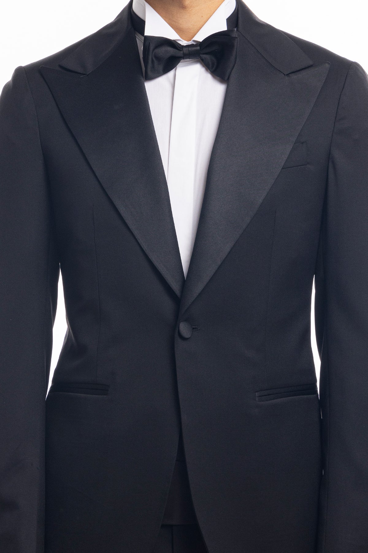 Giacca smoking monopetto nera da uomo in fresco lana super 130's Vitale Barberis Canonico con rever a Lancia largo in raso