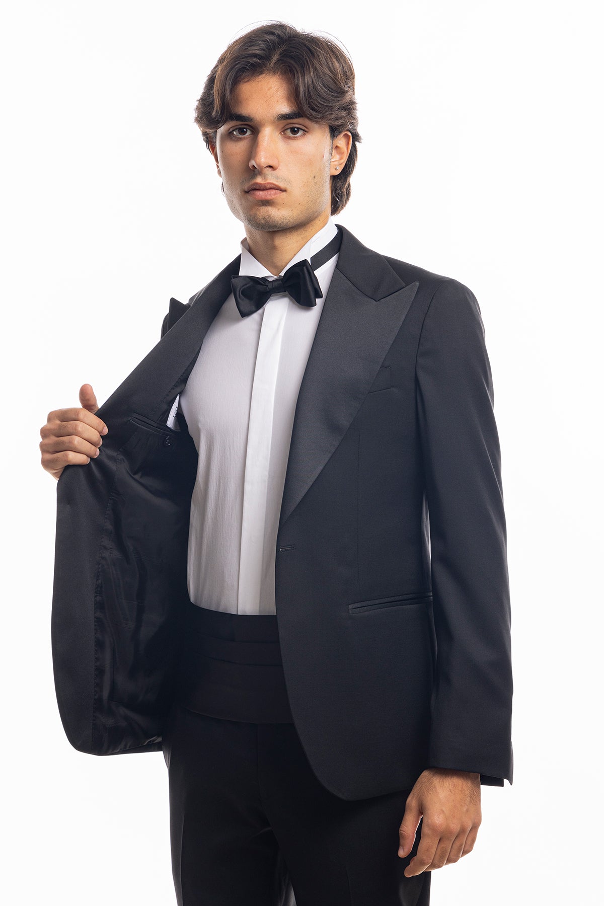Giacca smoking monopetto nera da uomo in fresco lana super 130's Vitale Barberis Canonico con rever a Lancia largo in raso