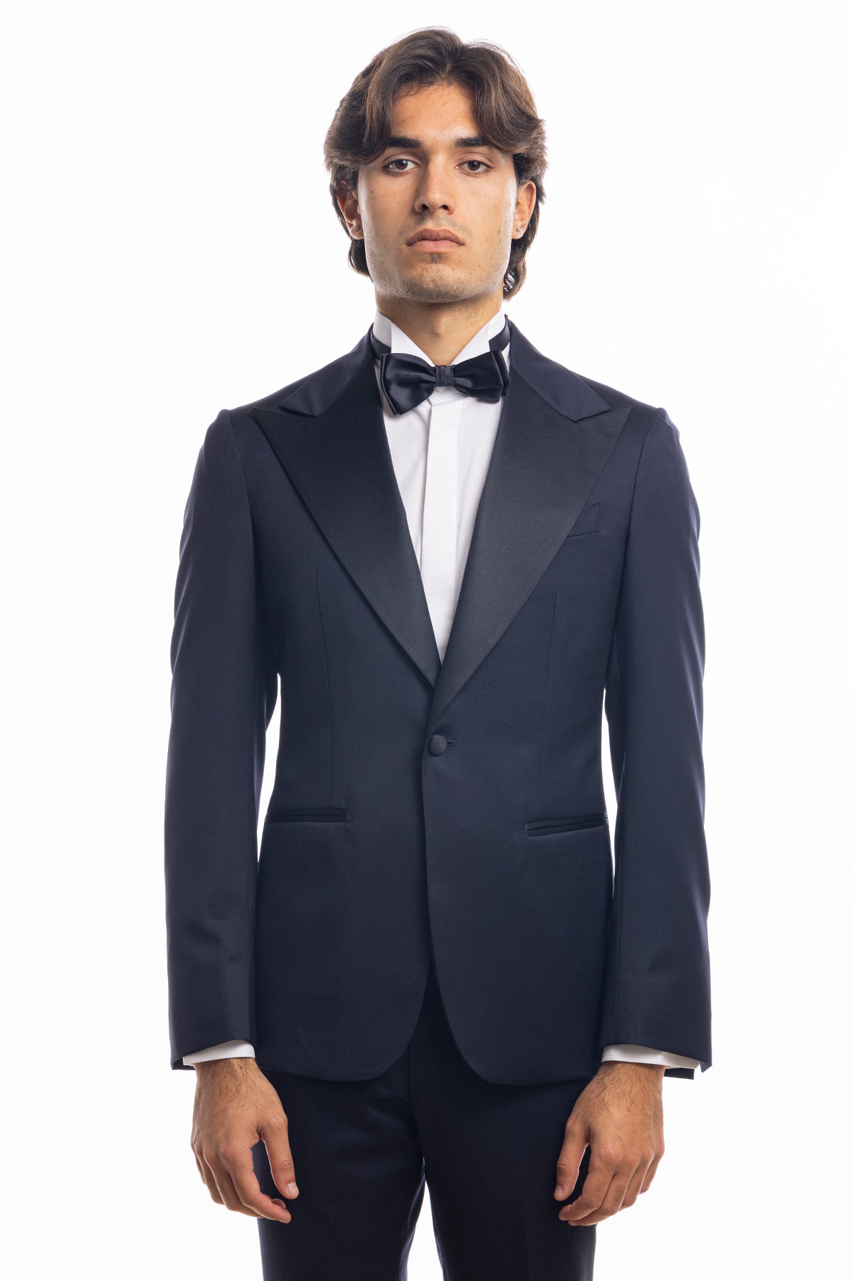 Abito smoking monopetto blu notte da uomo in fresco lana super 130's Vitale Barberis Canonico con rever a Lancia largo in raso
