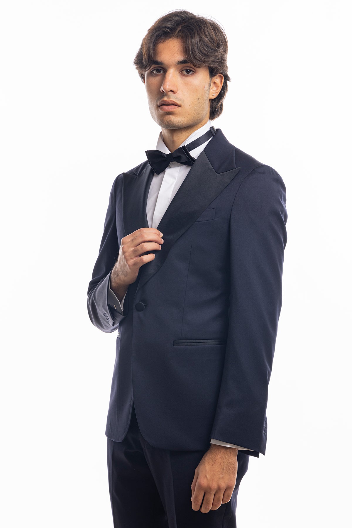 smoking monopetto blu notte da uomo in fresco lana super 130's Vitale Barberis Canonico con rever a Lancia largo in raso