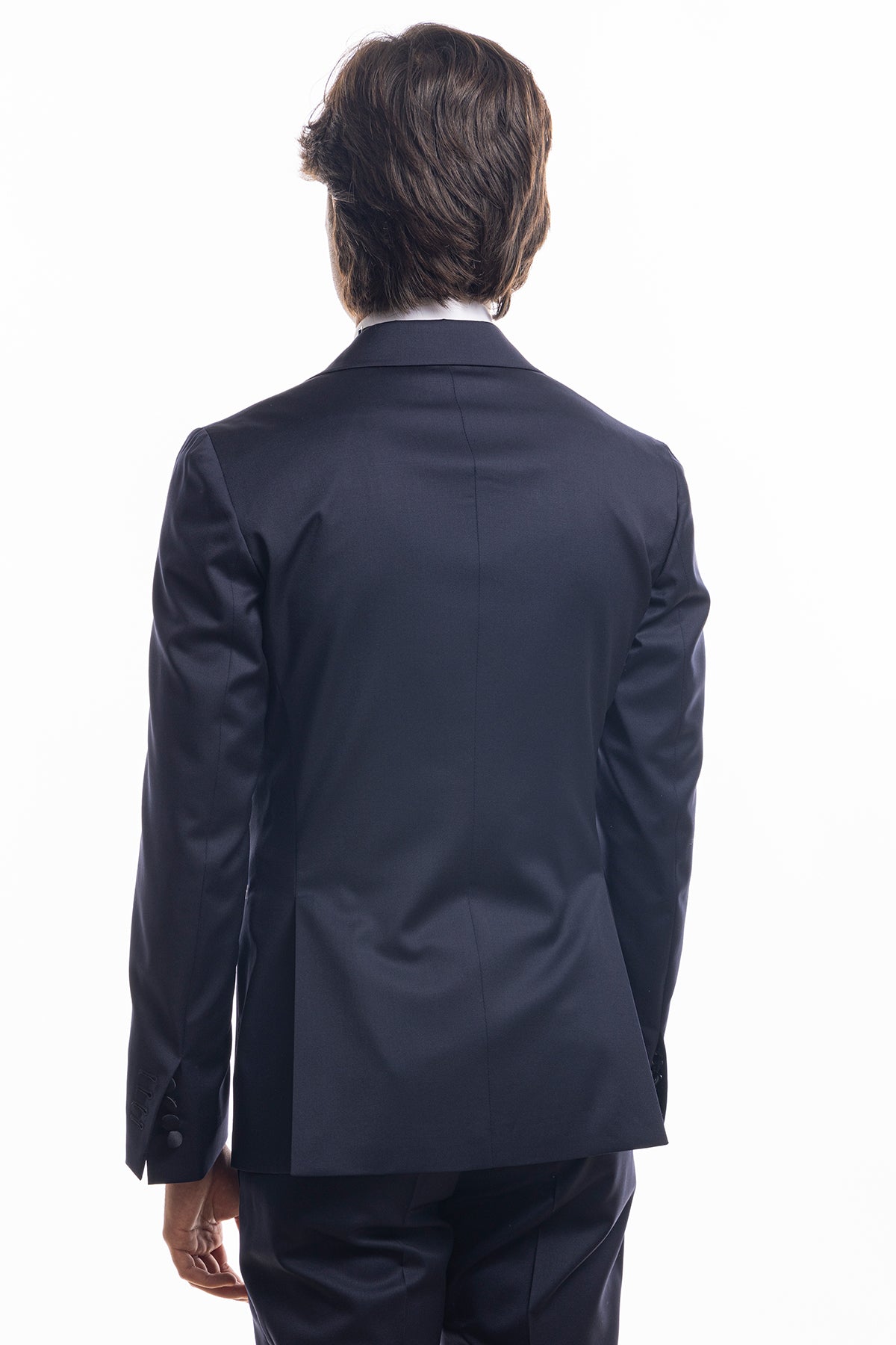 Abito smoking monopetto blu notte da uomo in fresco lana super 130's Vitale Barberis Canonico con rever a Lancia largo in raso