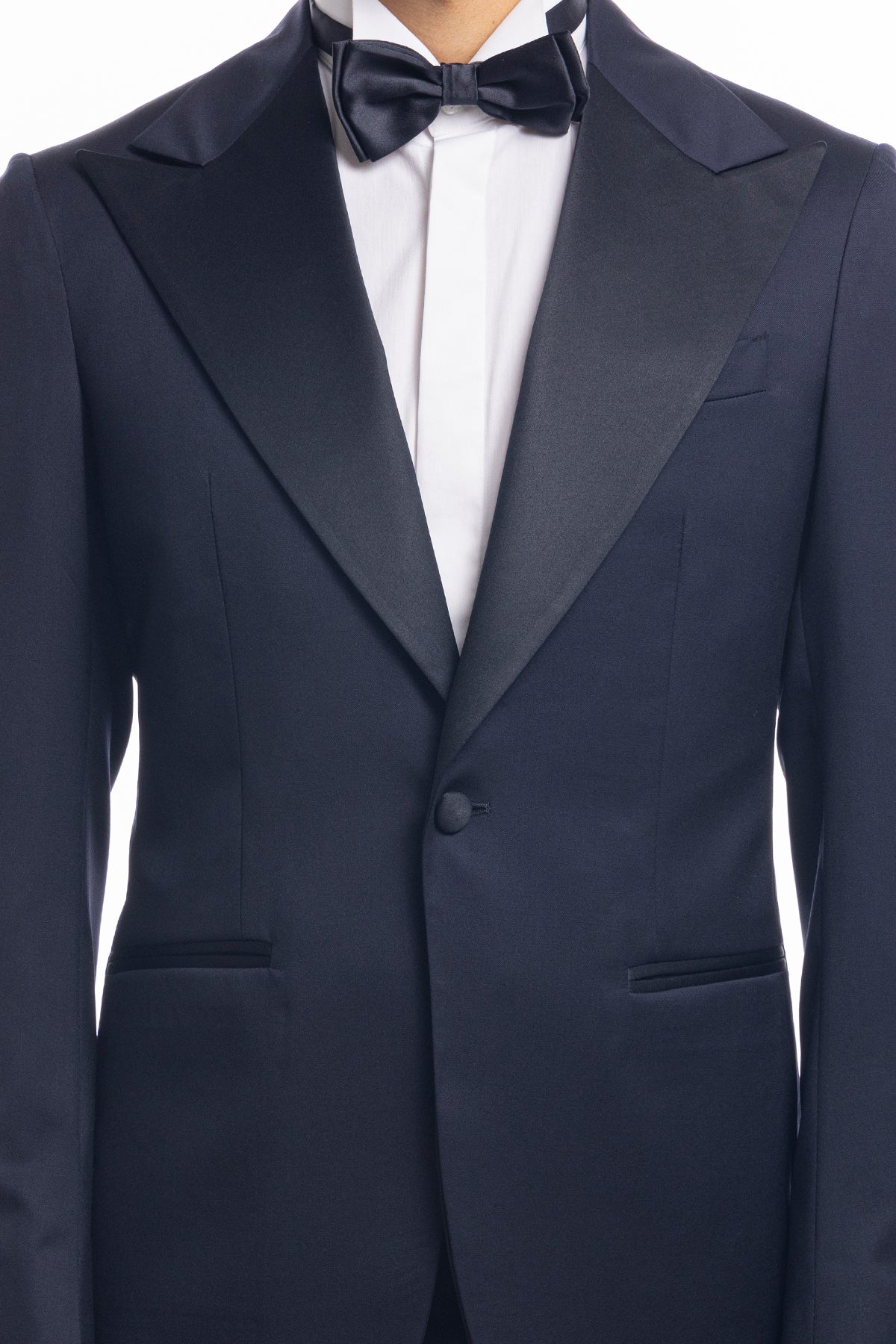 Giacca smoking monopetto blu notte da uomo in fresco lana super 130's Vitale Barberis Canonico con rever a Lancia largo in raso