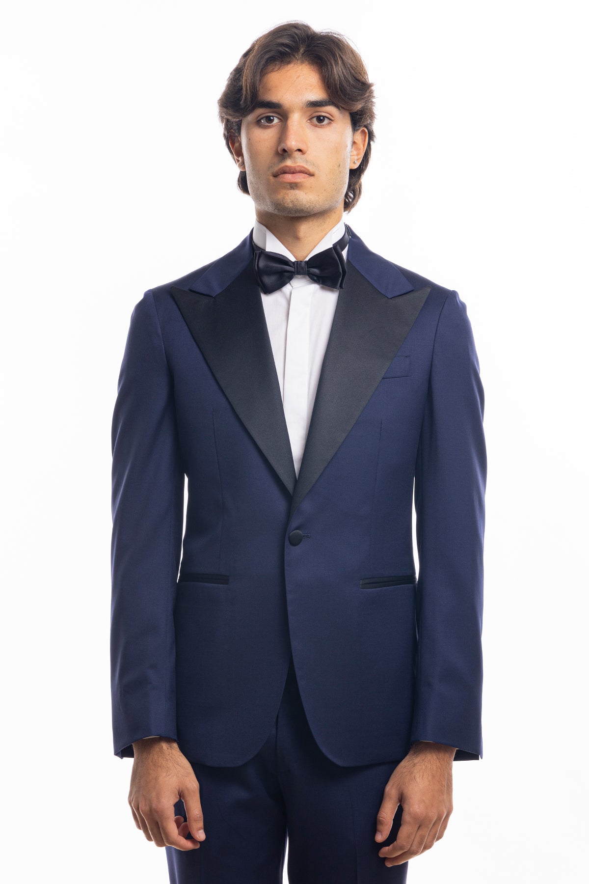 Giacca smoking monopetto blu royal da uomo in fresco lana super 130's Vitale Barberis Canonico con rever a Lancia largo in raso