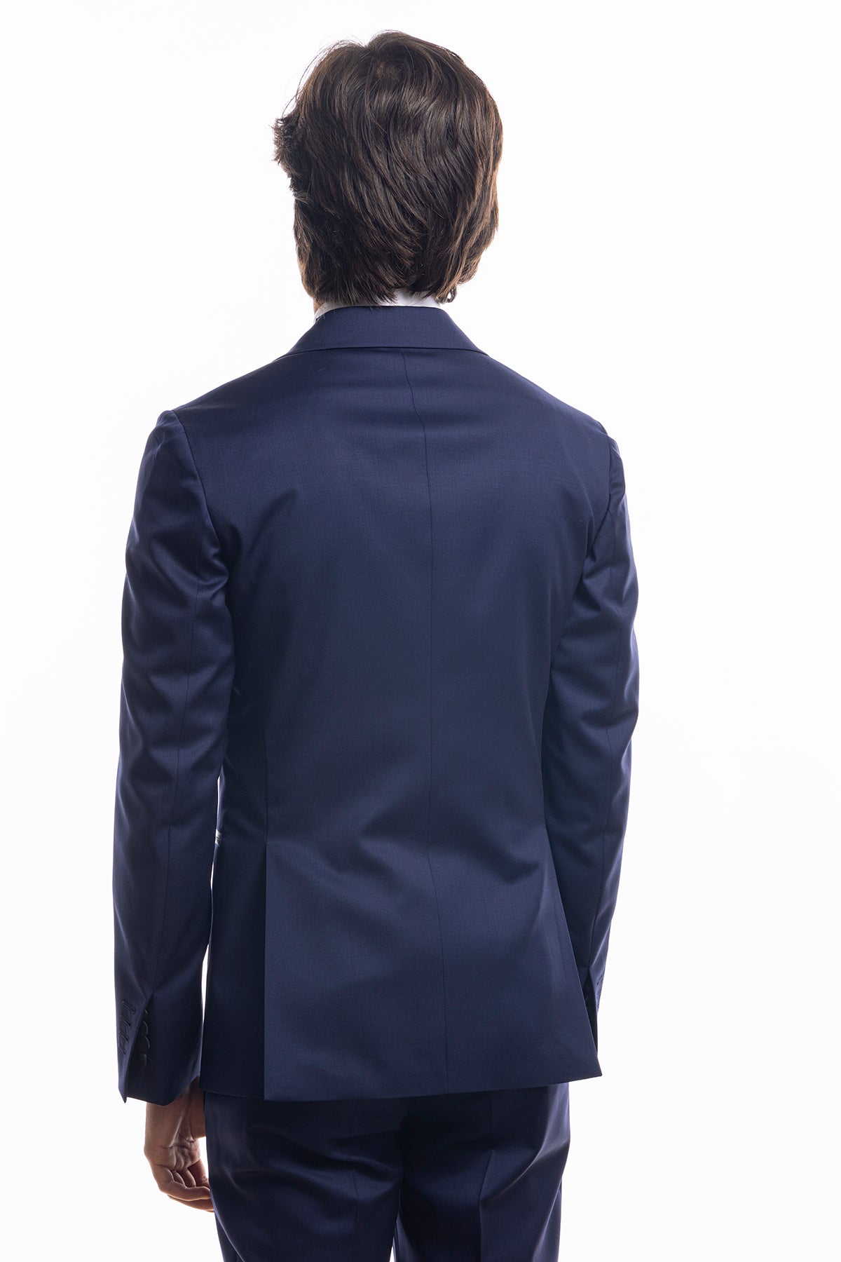 Abito smoking monopetto blu royal da uomo in fresco lana super 130's Vitale Barberis Canonico con rever a Lancia largo in raso