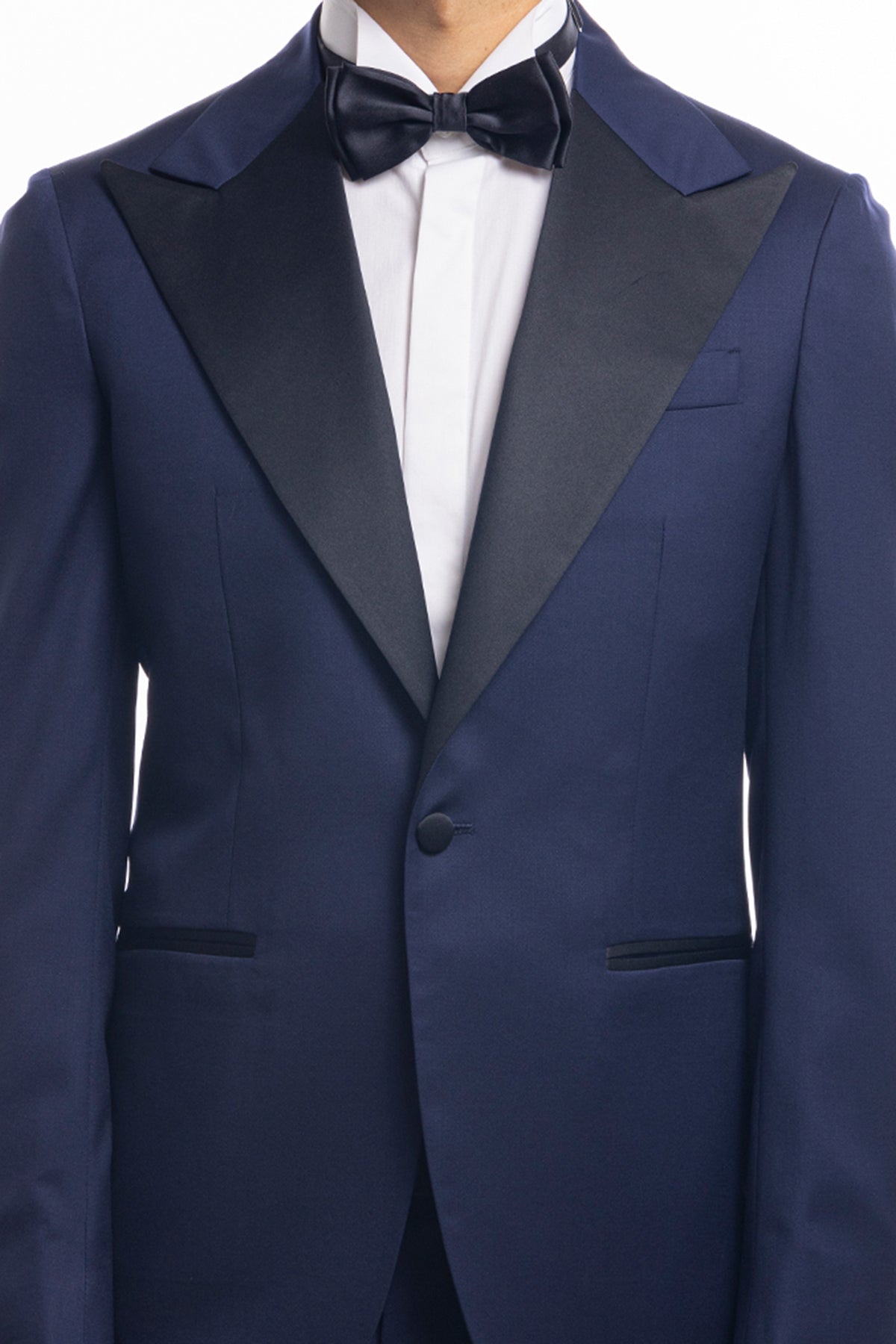 Abito smoking monopetto blu royal da uomo in fresco lana super 130's Vitale Barberis Canonico con rever a Lancia largo in raso