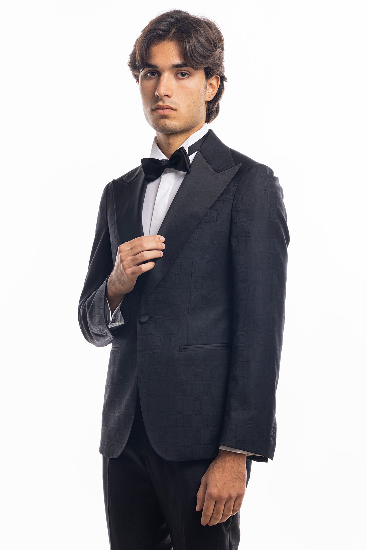 Giacca smoking monopetto nera fantasia da uomo in fresco lana 100% Vitale Barberis Canonico con rever a Lancia largo in raso