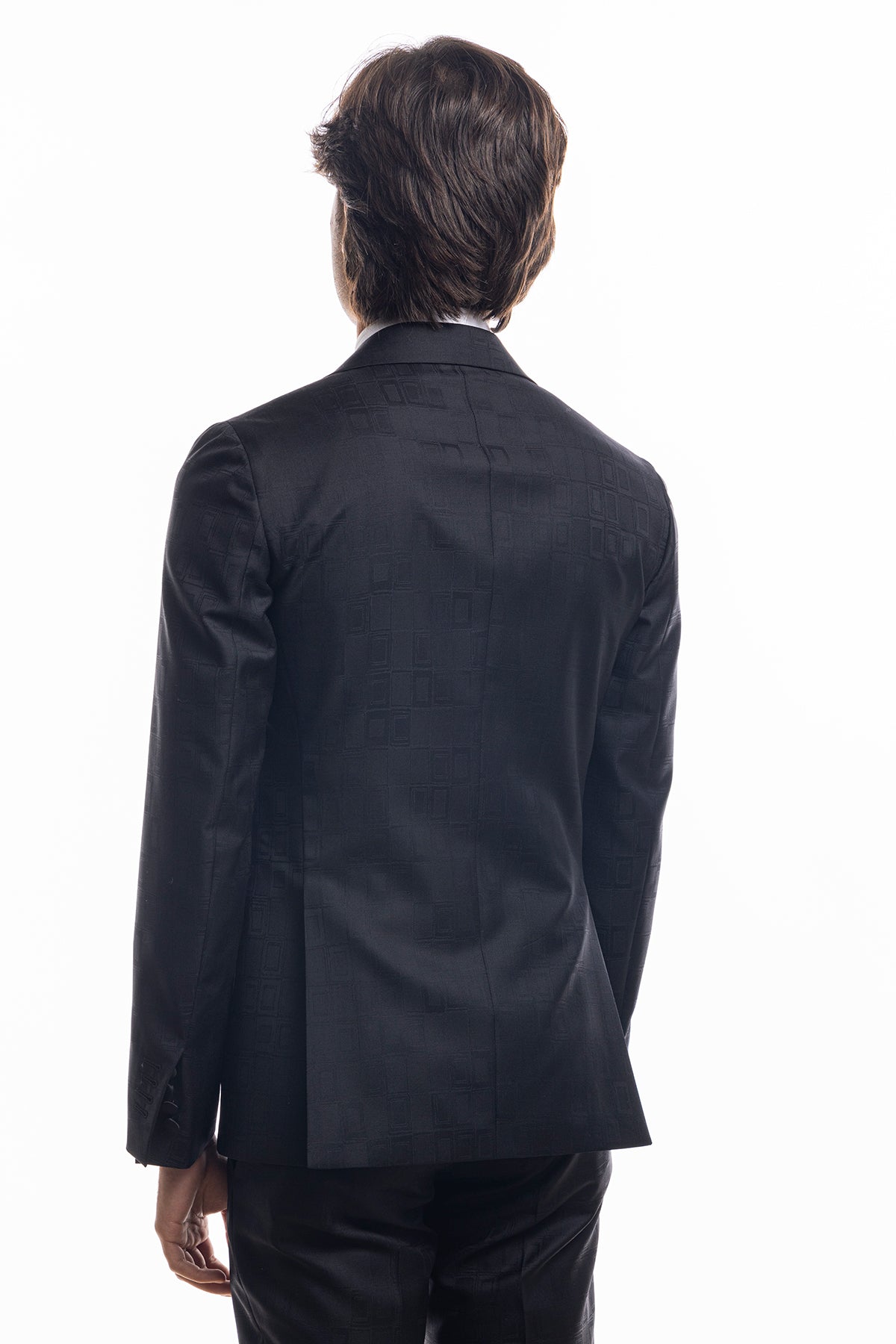 Giacca smoking monopetto nera fantasia da uomo in fresco lana 100% Vitale Barberis Canonico con rever a Lancia largo in raso