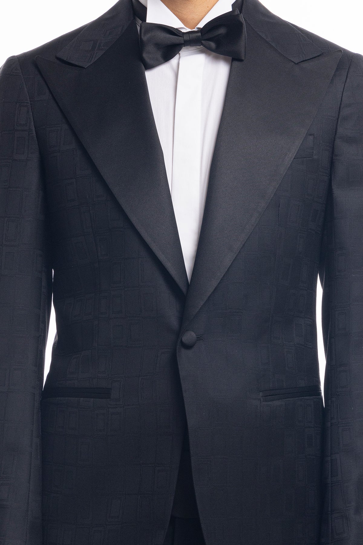 Giacca smoking monopetto nera fantasia da uomo in fresco lana 100% Vitale Barberis Canonico con rever a Lancia largo in raso
