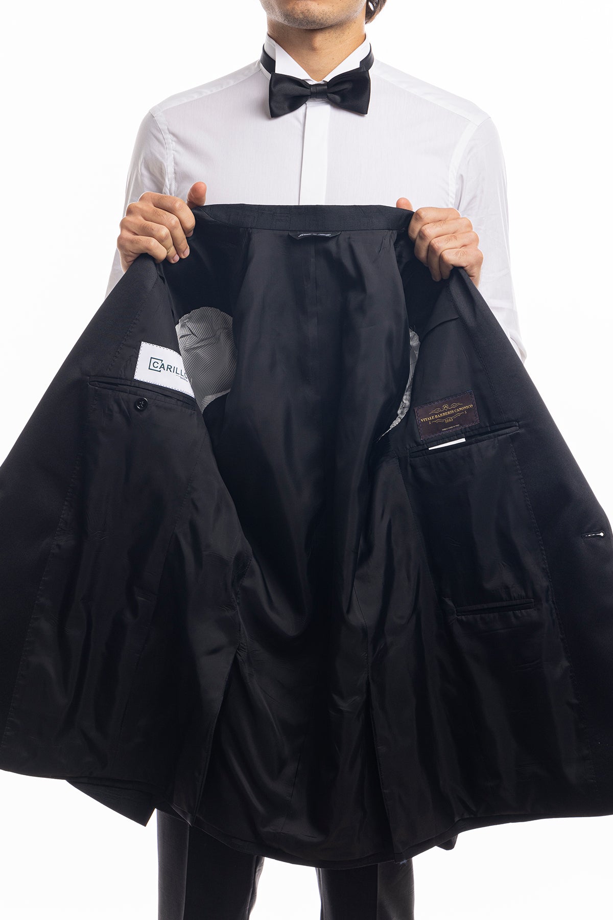 Giacca smoking monopetto nera fantasia da uomo in fresco lana 100% Vitale Barberis Canonico con rever a Lancia largo in raso