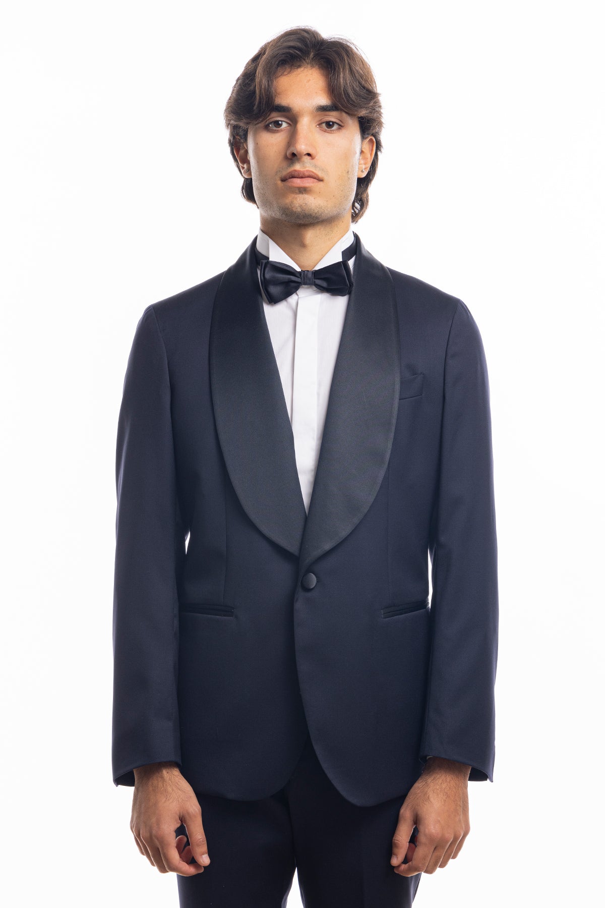 Giacca smoking monopetto blu notte da uomo in fresco lana super 130's Vitale Barberis Canonico con rever a scialle largo in raso