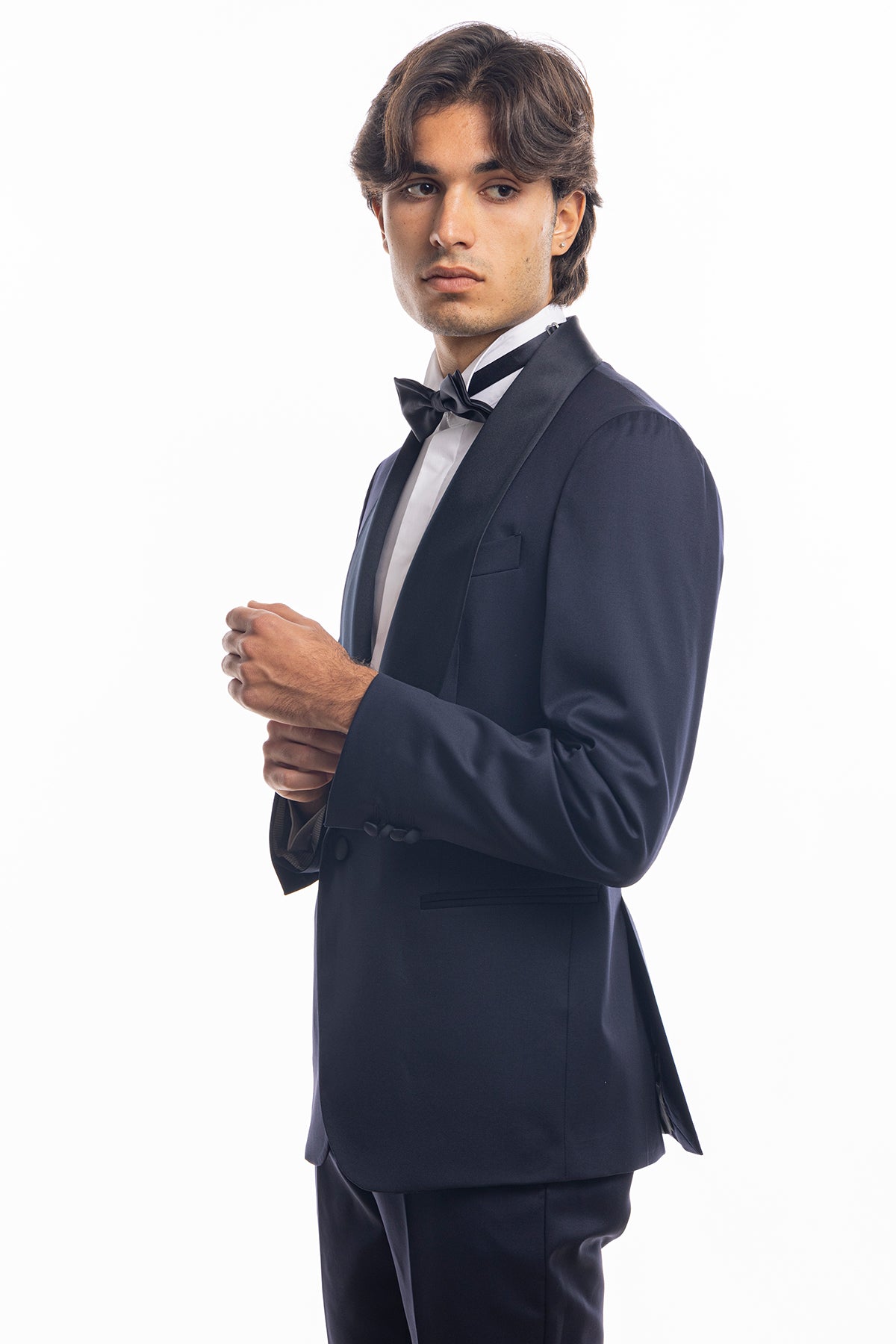 Giacca smoking monopetto blu notte da uomo in fresco lana super 130's Vitale Barberis Canonico con rever a scialle largo in raso