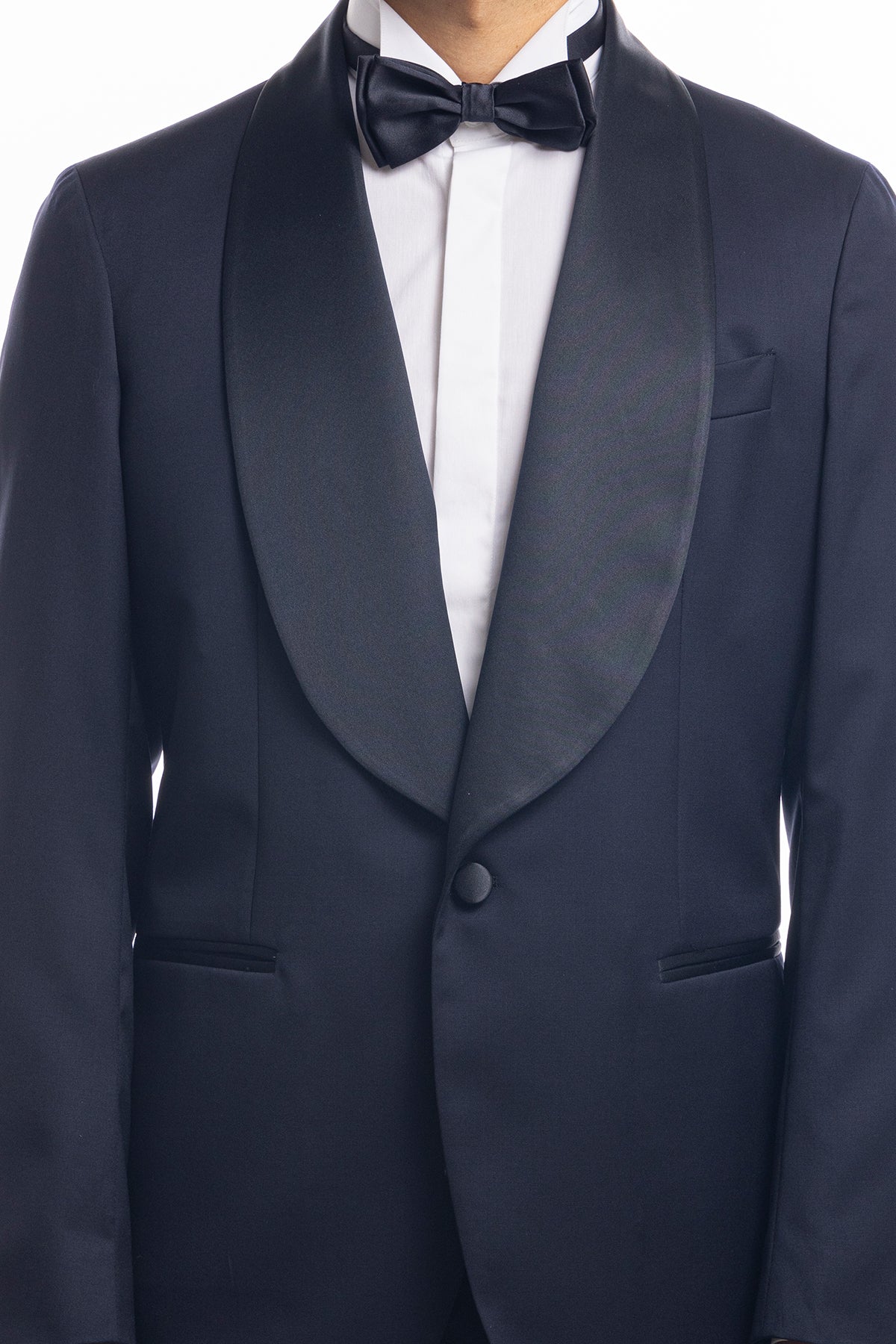 Giacca smoking monopetto blu notte da uomo in fresco lana super 130's Vitale Barberis Canonico con rever a scialle largo in raso
