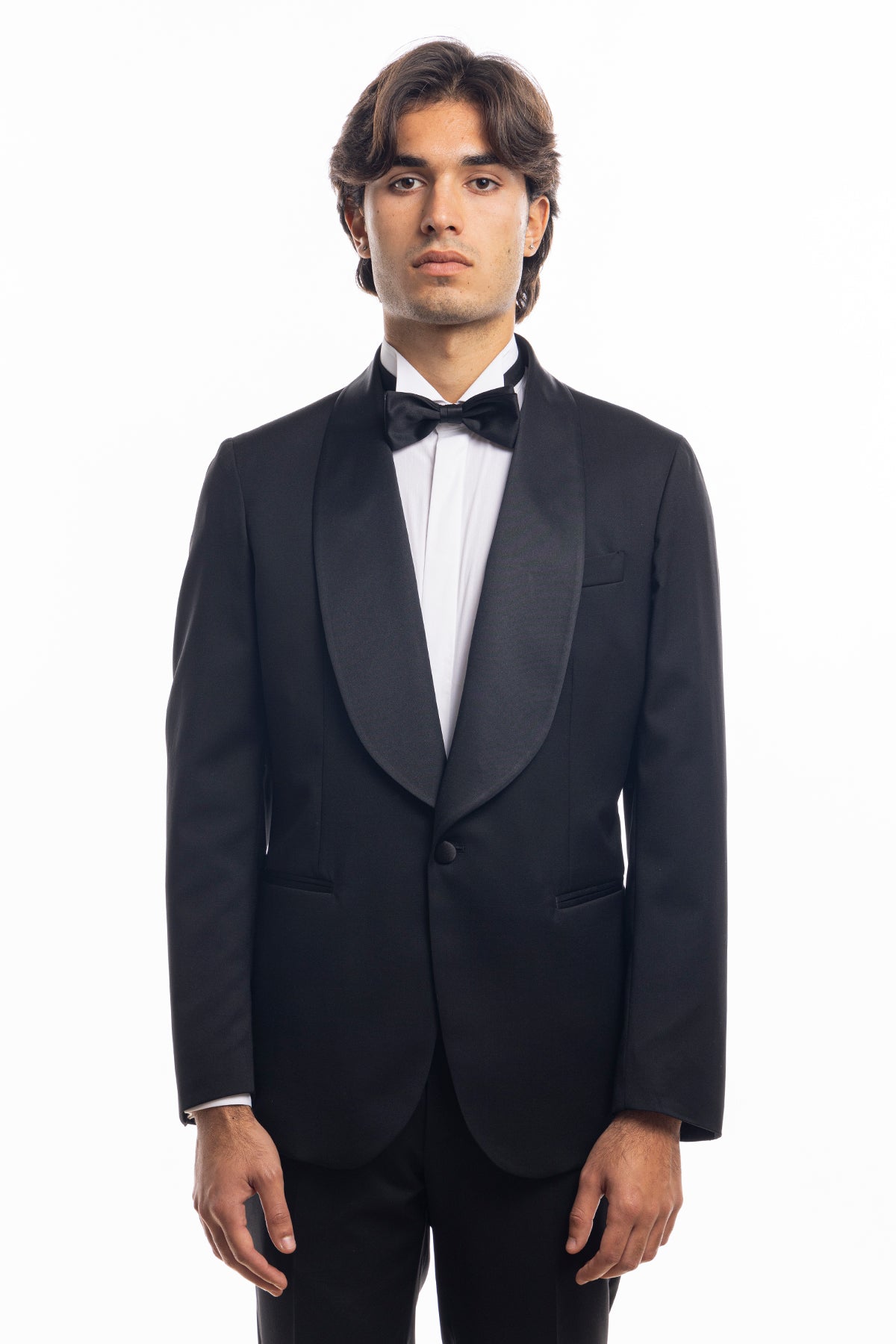 Abito smoking monopetto nera da uomo in fresco lana super 130's Vitale Barberis Canonico con rever a scialle largo in raso