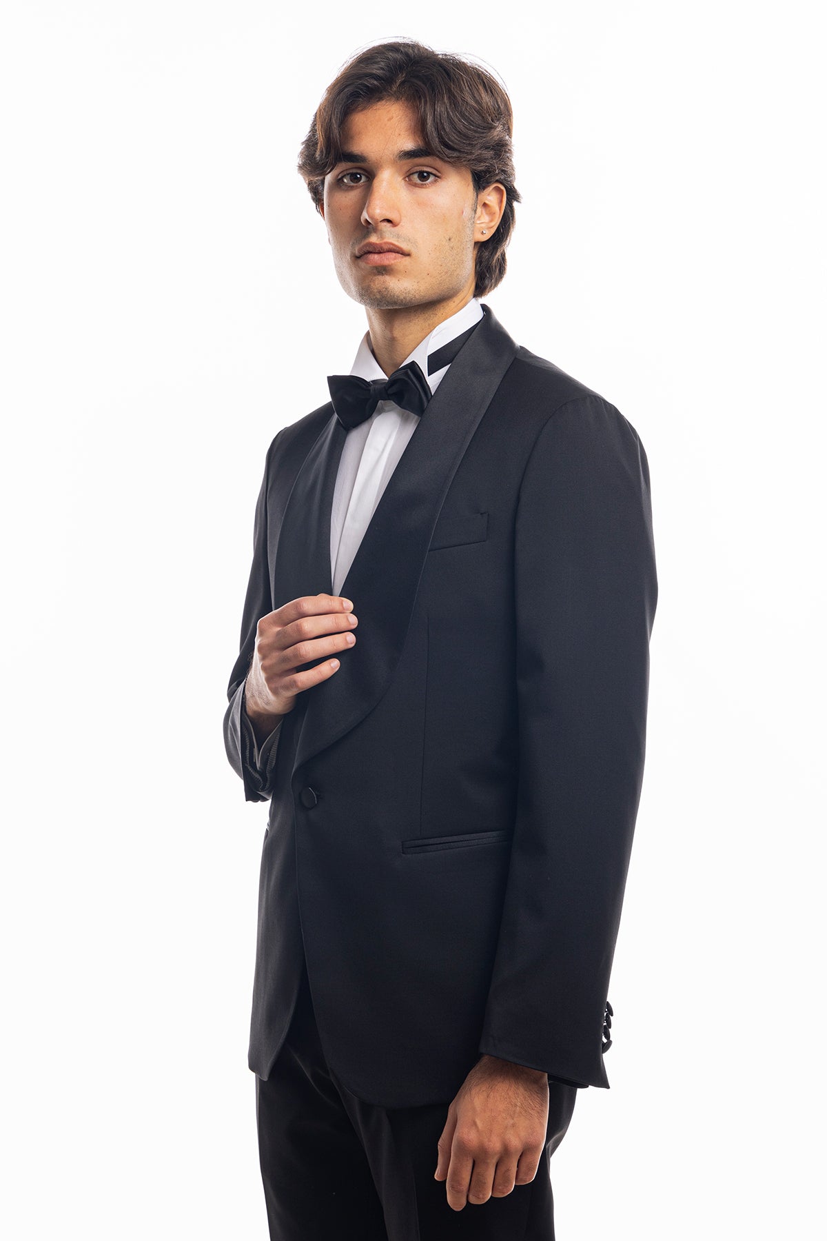 Giacca smoking monopetto nera da uomo in fresco lana super 130's Vitale Barberis Canonico con rever a scialle largo in raso