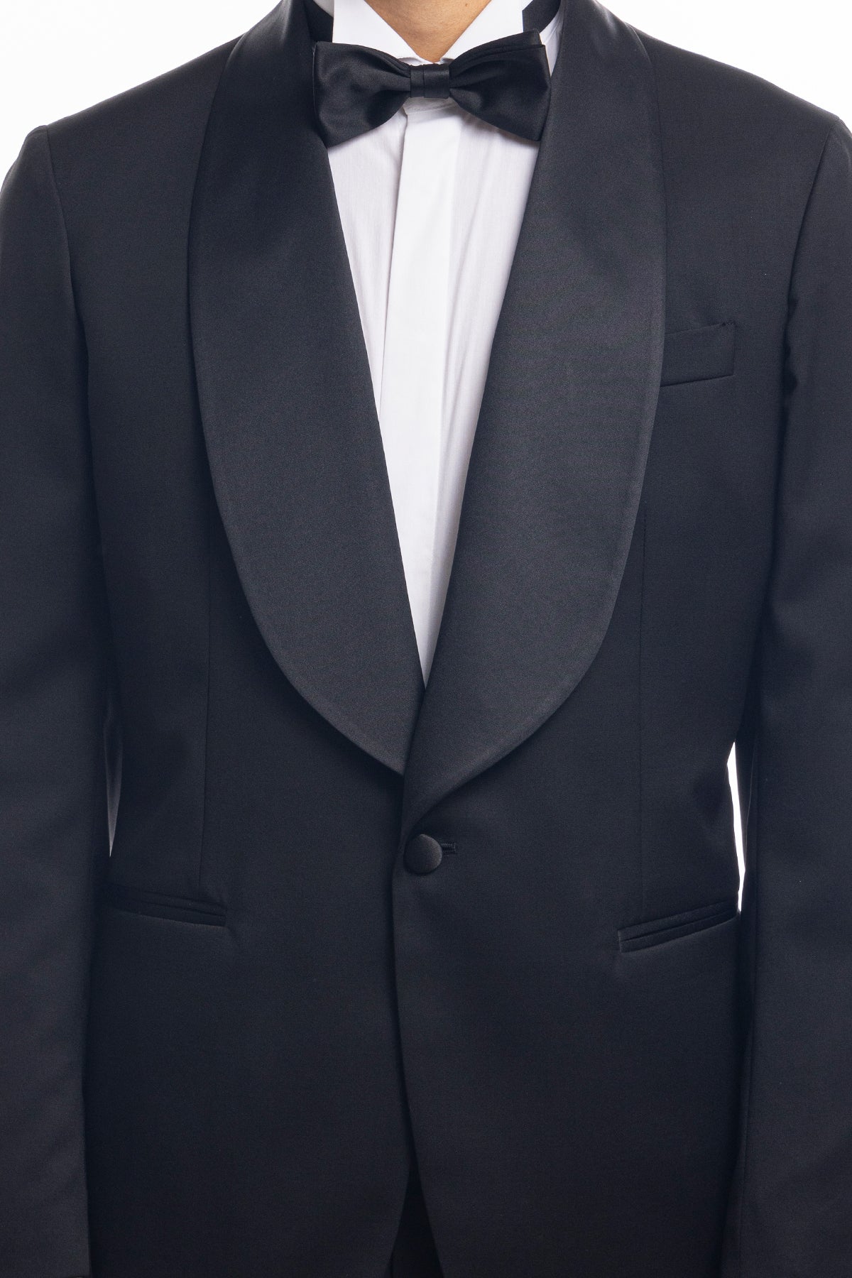 Abito smoking monopetto nera da uomo in fresco lana super 130's Vitale Barberis Canonico con rever a scialle largo in raso