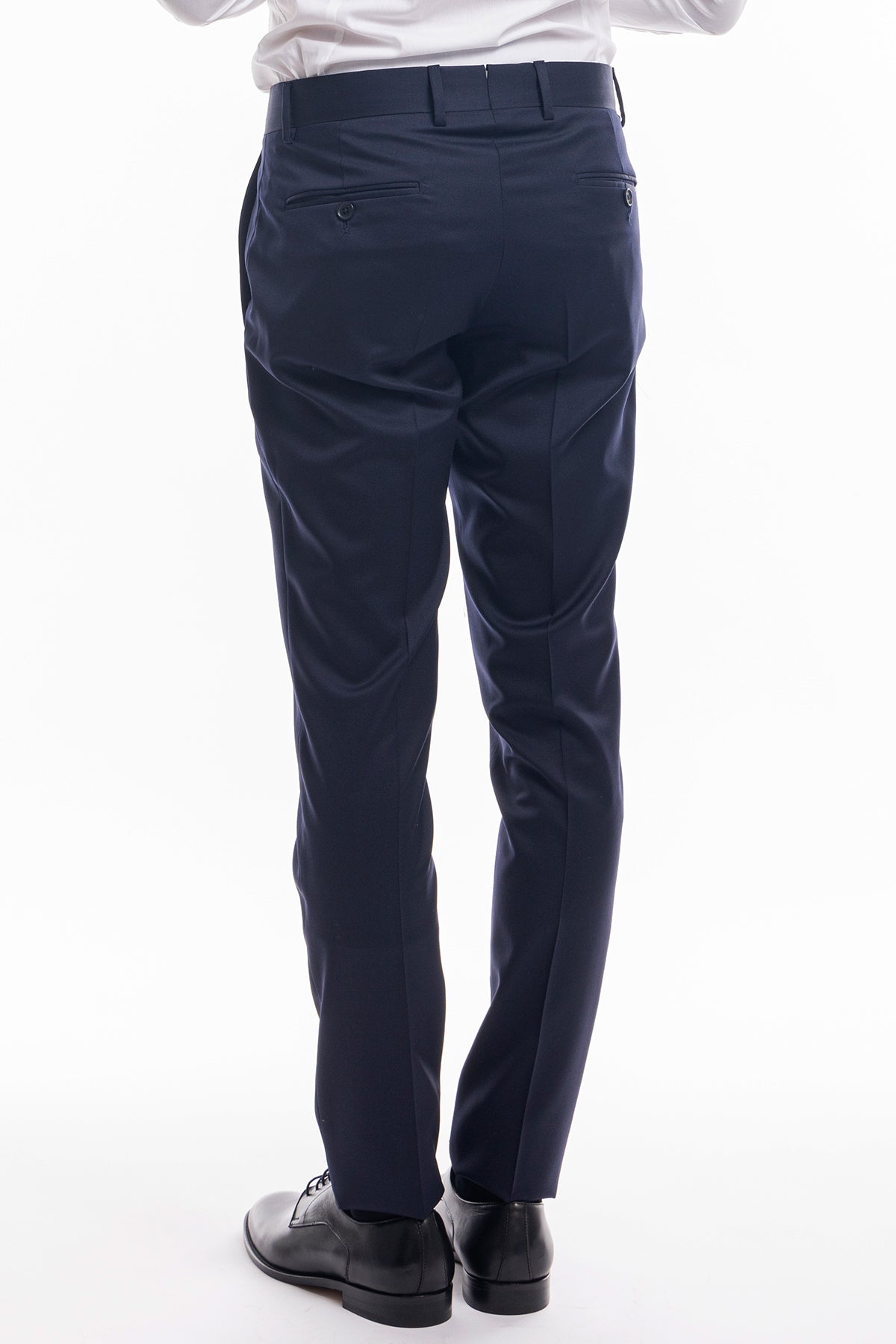 Abito modello smoking doppiopetto blu notte da uomo in fresco lana super 130's Vitale Barberis Canonico con rever a Lancia largo in raso