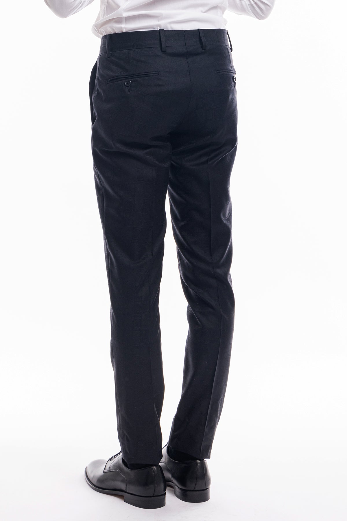 Abito smoking monopetto nera fantasia da uomo in fresco lana 100% Vitale Barberis Canonico con rever a Lancia largo in raso