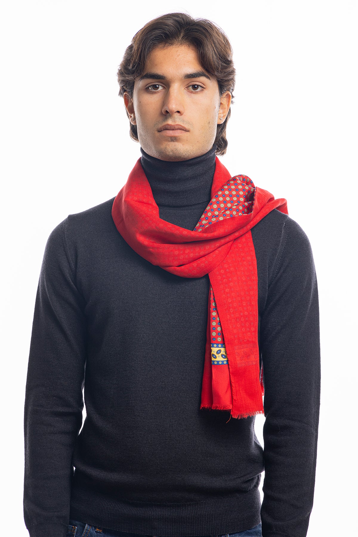 Sciarpa uomo rossa reversibile in pura seta e lana fantasia fiori multicolor con frange taglio vivo