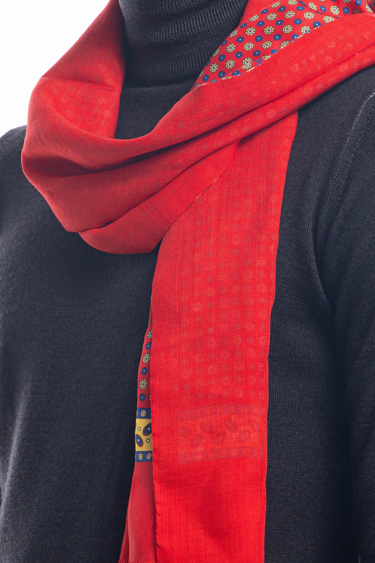 Sciarpa uomo rossa reversibile in pura seta e lana fantasia fiori multicolor con frange taglio vivo