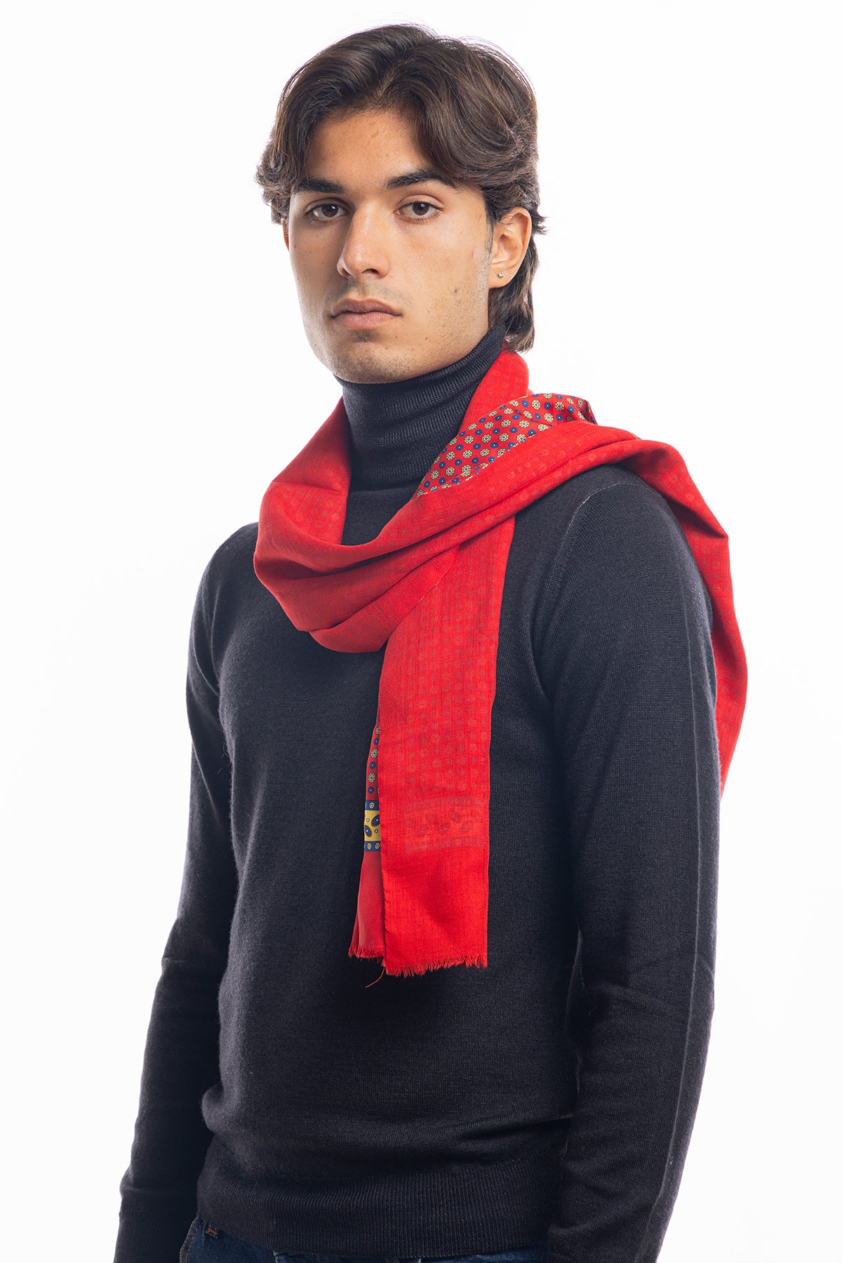 Sciarpa uomo rossa reversibile in pura seta e lana fantasia fiori multicolor con frange taglio vivo