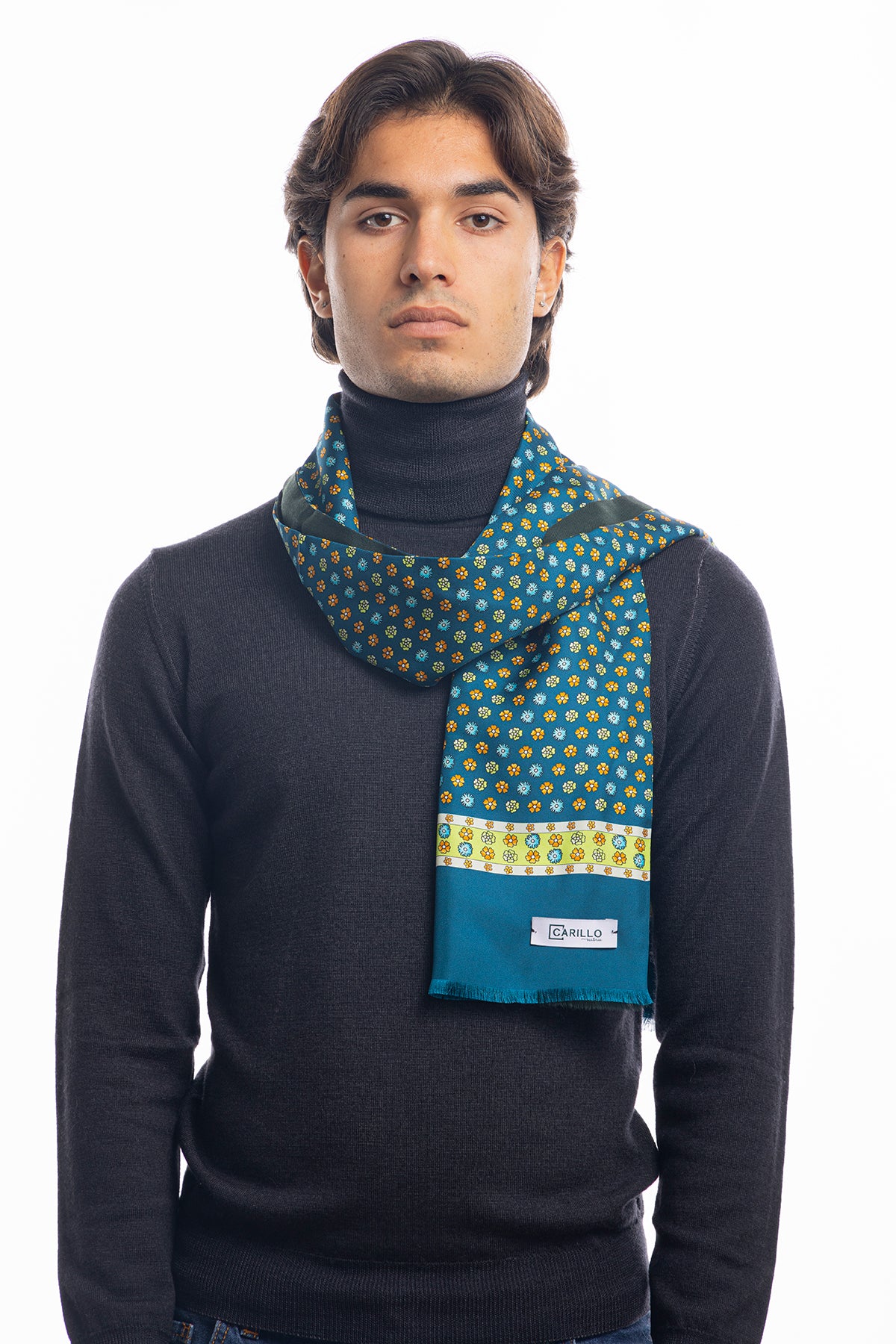 Sciarpa uomo petrolio interno verde reversibile in pura seta e lana fantasia fiori multicolor con frange taglio vivo