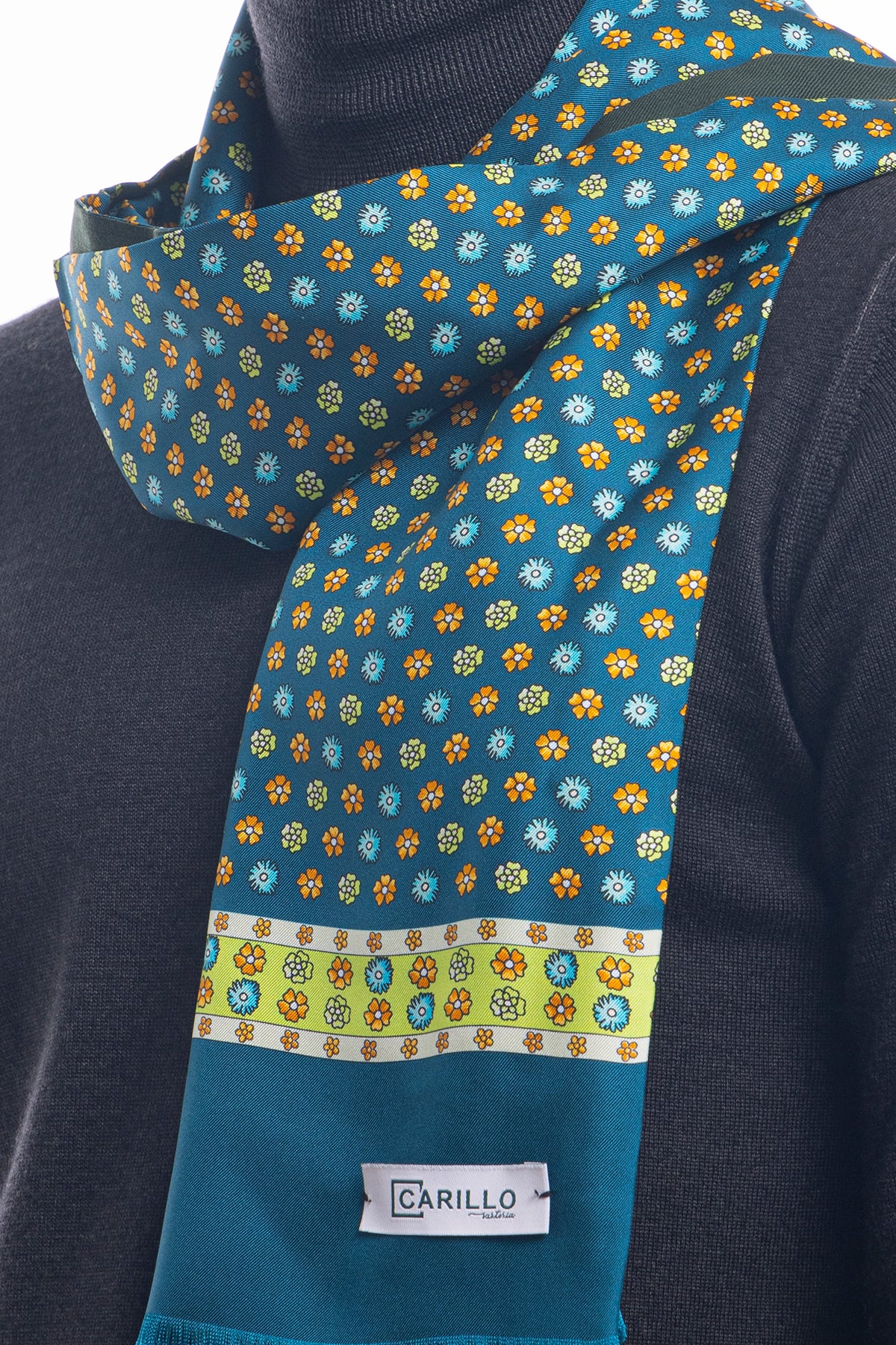 Sciarpa uomo petrolio interno verde reversibile in pura seta e lana fantasia fiori multicolor con frange taglio vivo