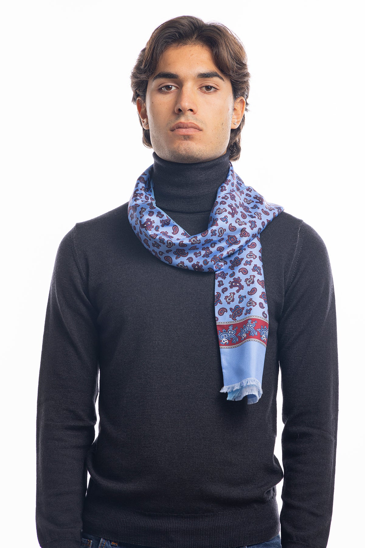 Sciarpa uomo azzurro reversibile in pura seta e lana fantasia etrò multicolor con frange taglio vivo