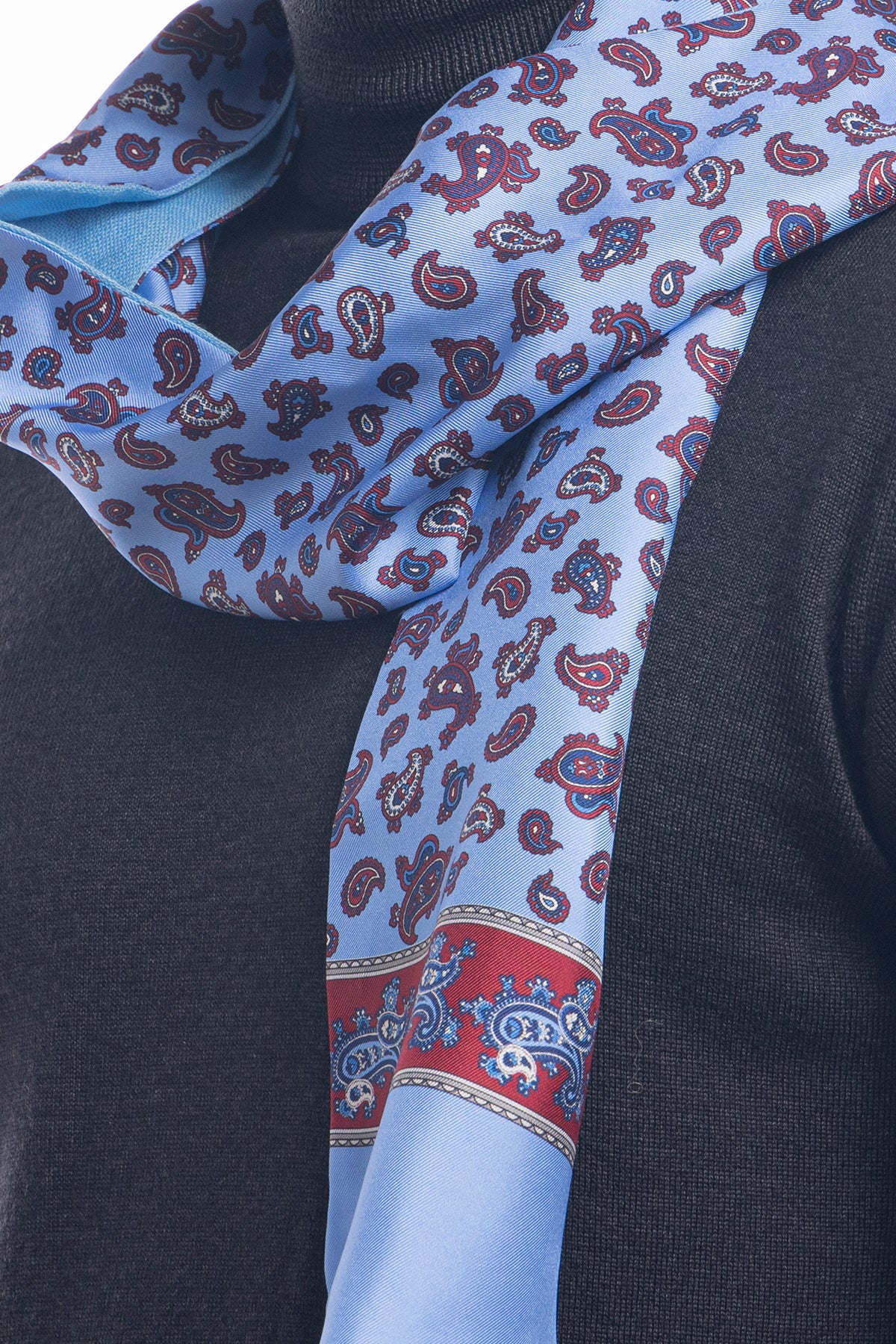 Sciarpa uomo azzurro reversibile in pura seta e lana fantasia etrò multicolor con frange taglio vivo
