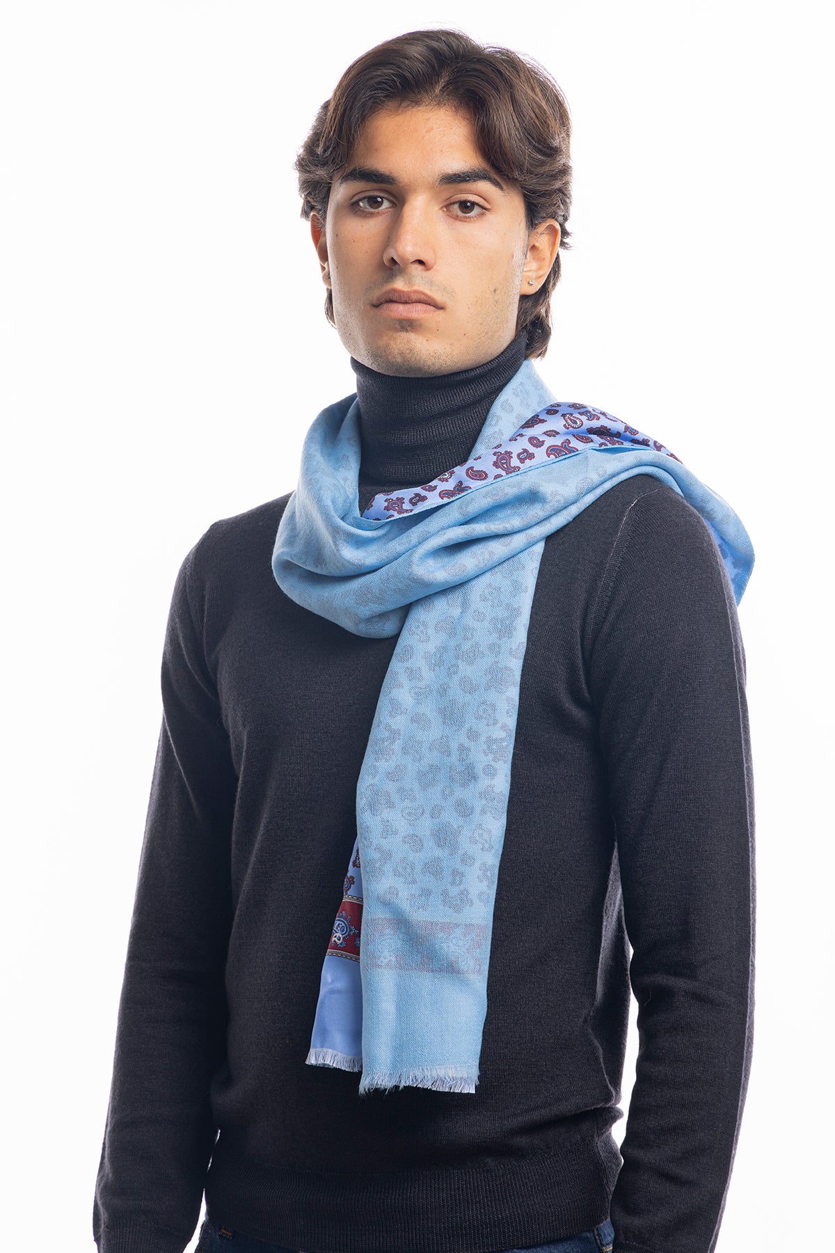 Sciarpa uomo azzurro reversibile in pura seta e lana fantasia etrò multicolor con frange taglio vivo