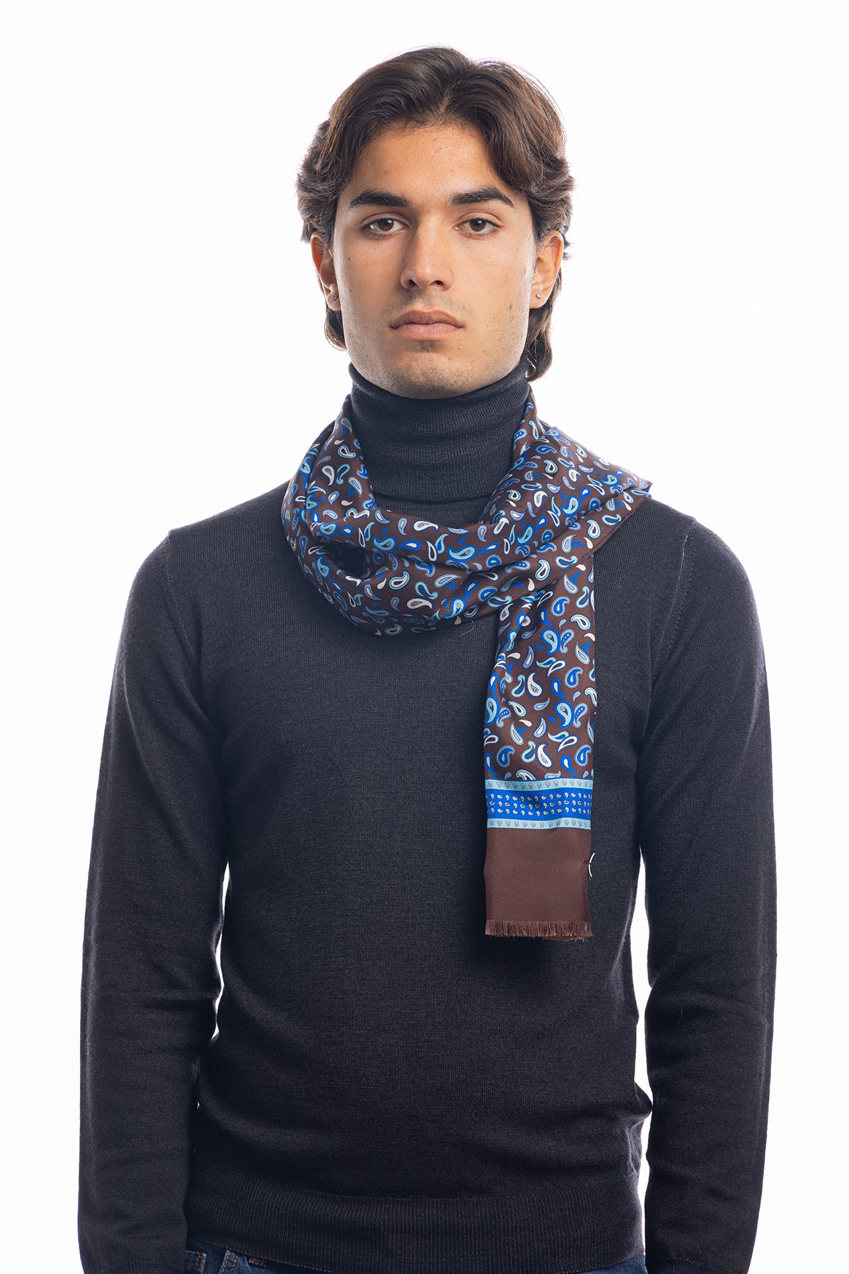 Sciarpa uomo marrone reversibile in pura seta e lana fantasia etrò multicolor con frange taglio vivo