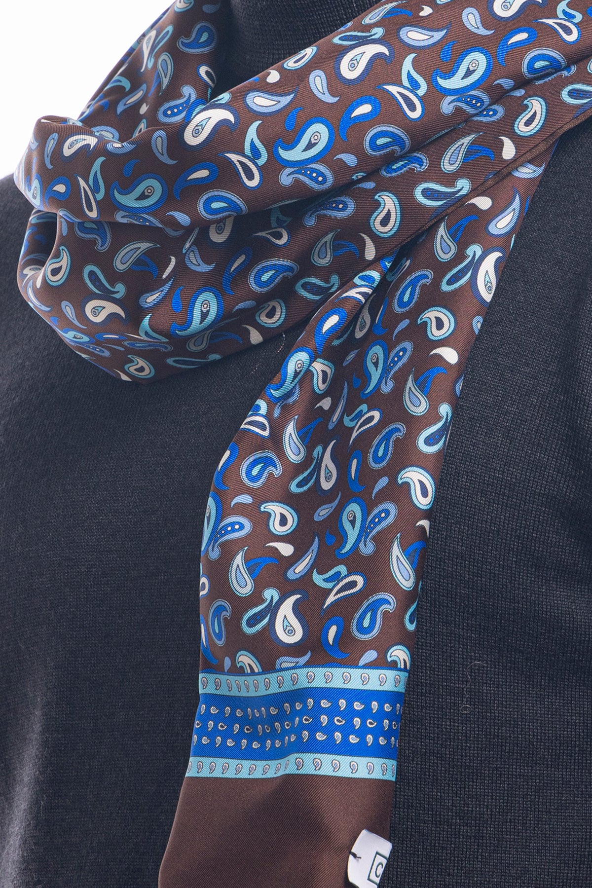 Sciarpa uomo marrone reversibile in pura seta e lana fantasia etrò multicolor con frange taglio vivo