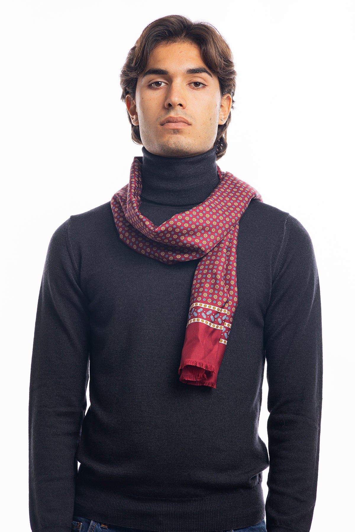 Sciarpa uomo bordeaux reversibile in pura seta e lana fantasia fiori multicolor con frange taglio vivo