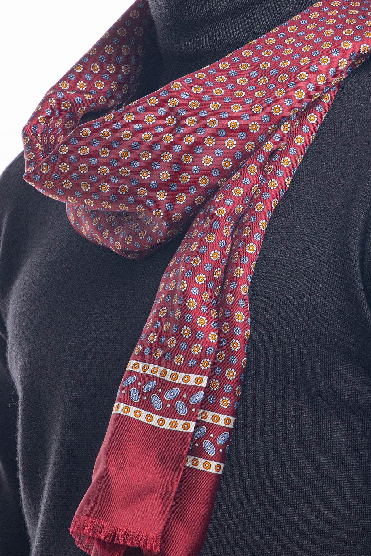 Sciarpa uomo bordeaux reversibile in pura seta e lana fantasia fiori multicolor con frange taglio vivo