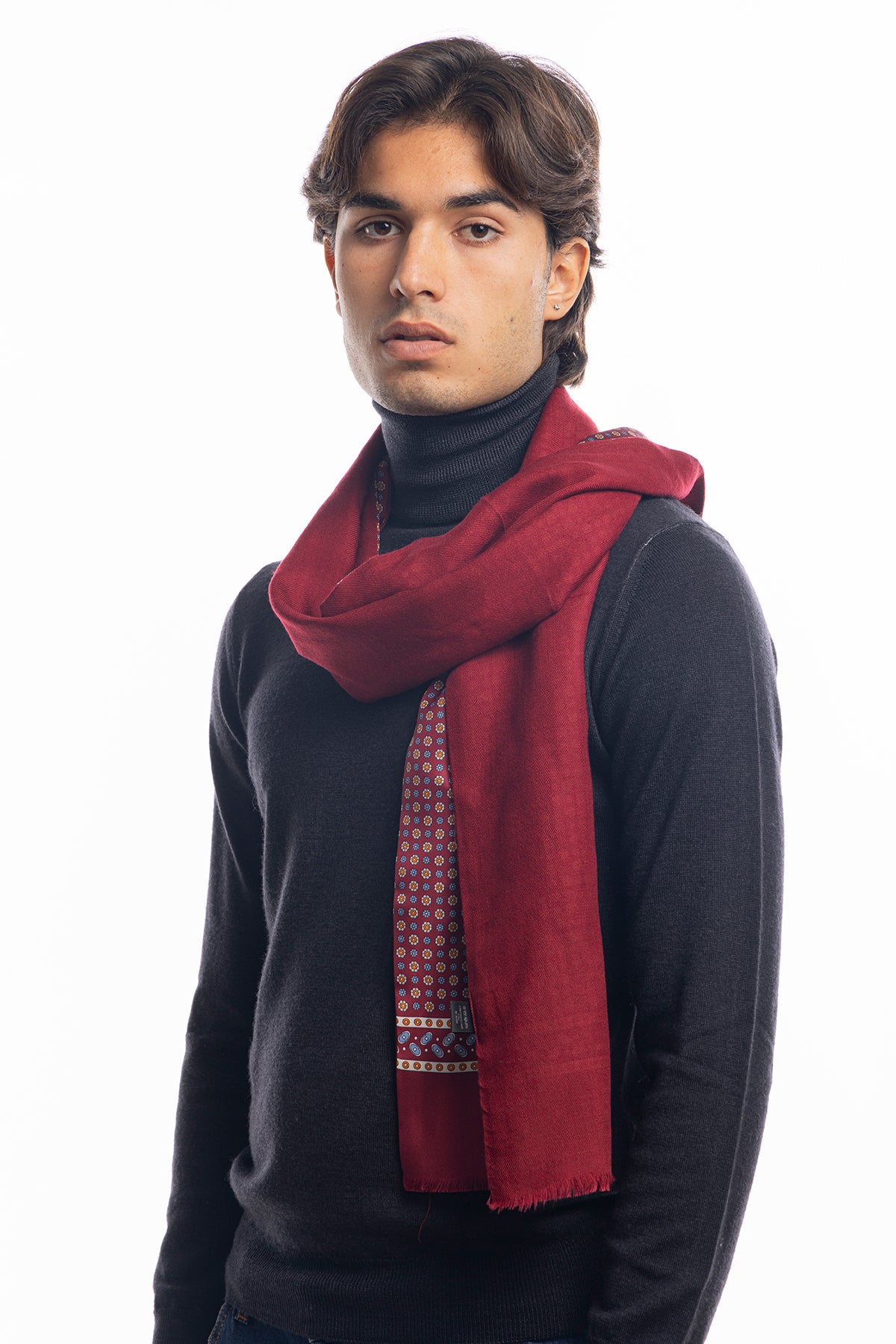 Sciarpa uomo bordeaux reversibile in pura seta e lana fantasia fiori multicolor con frange taglio vivo