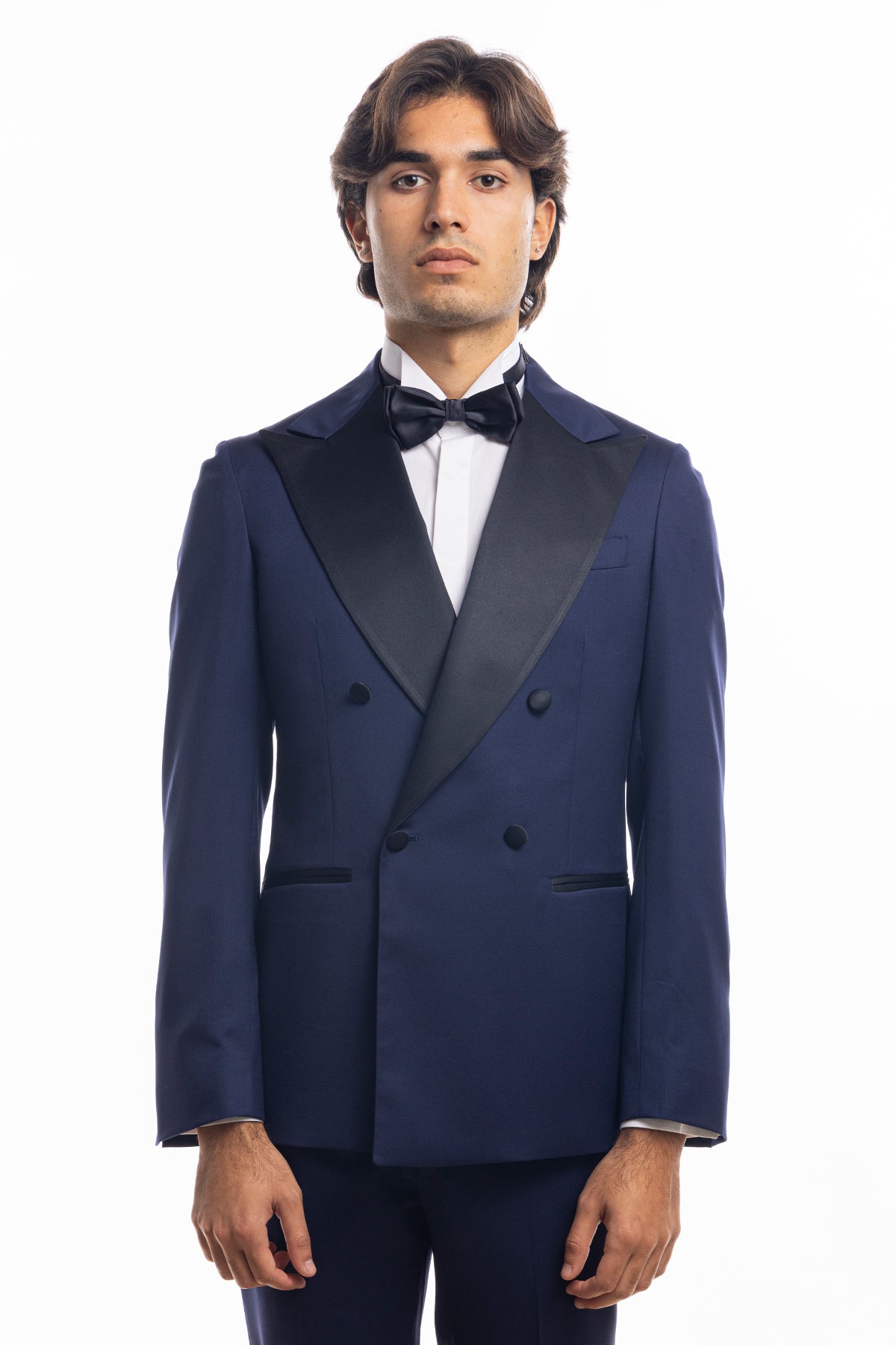 Giacca smoking doppiopetto blu royal da uomo in fresco lana super 130's Vitale Barberis Canonico con rever a Lancia largo in raso